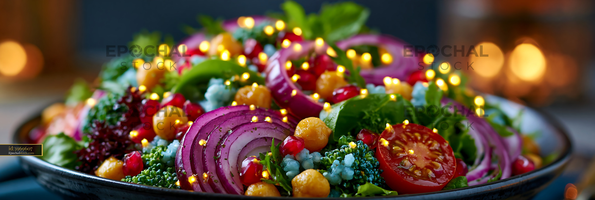 Watermarked full-resolution preview of Colorful salad with vegetables and warm lights