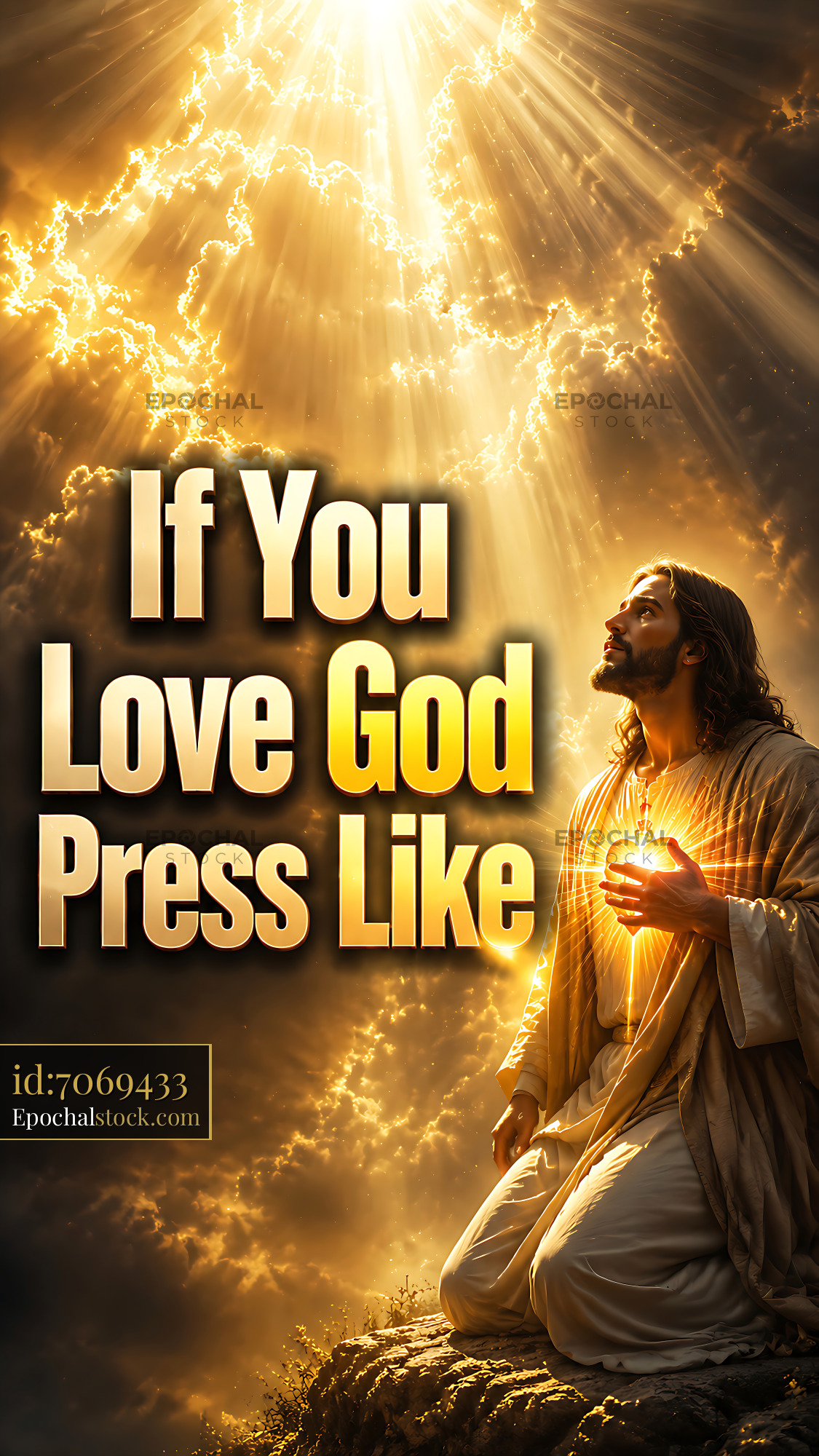 Watermarked full-resolution preview of Jesus kneeling in light with text encouraging likes