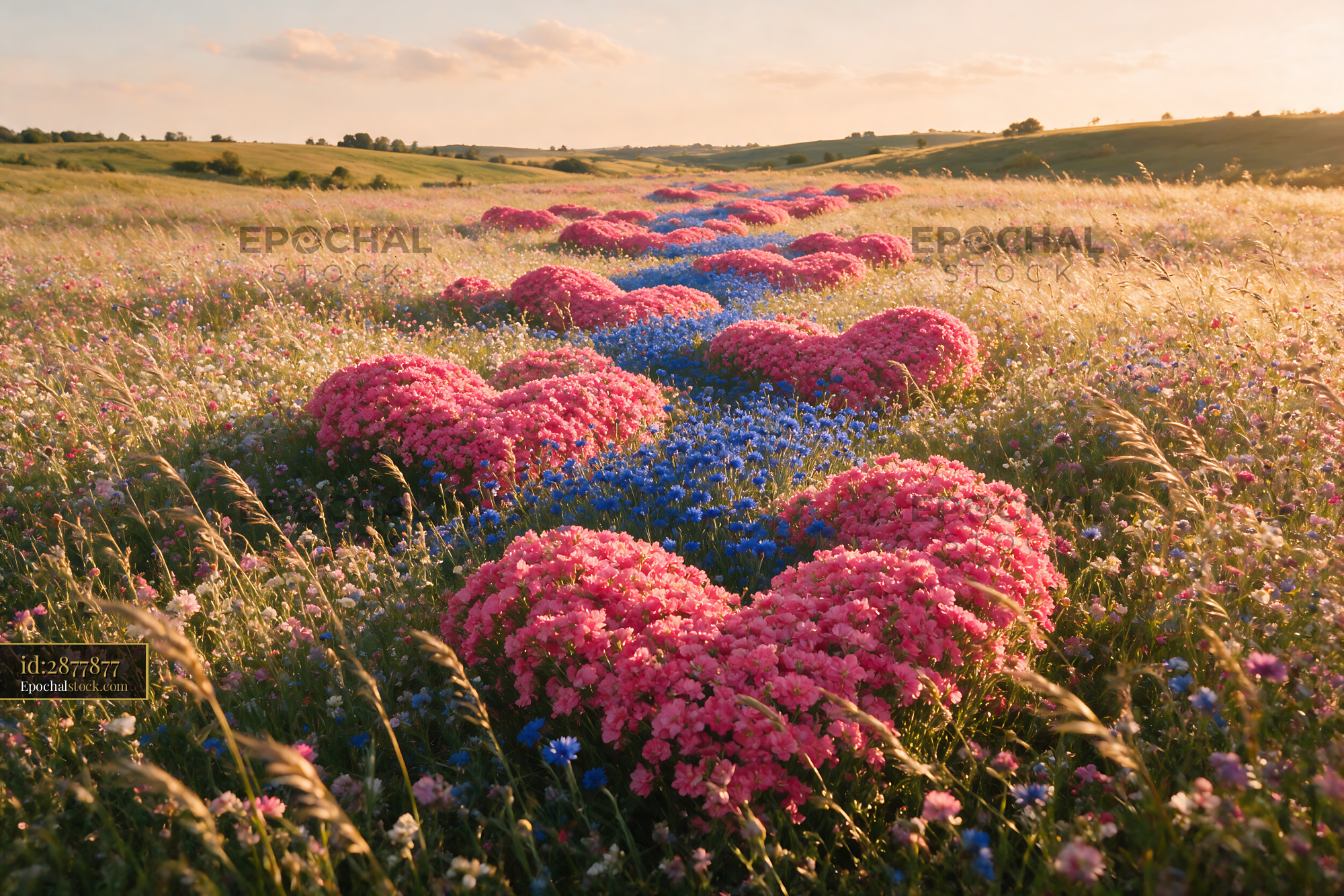 Wildflowers in Heart Shapes on a Meadow During Golden Hour - stock photo