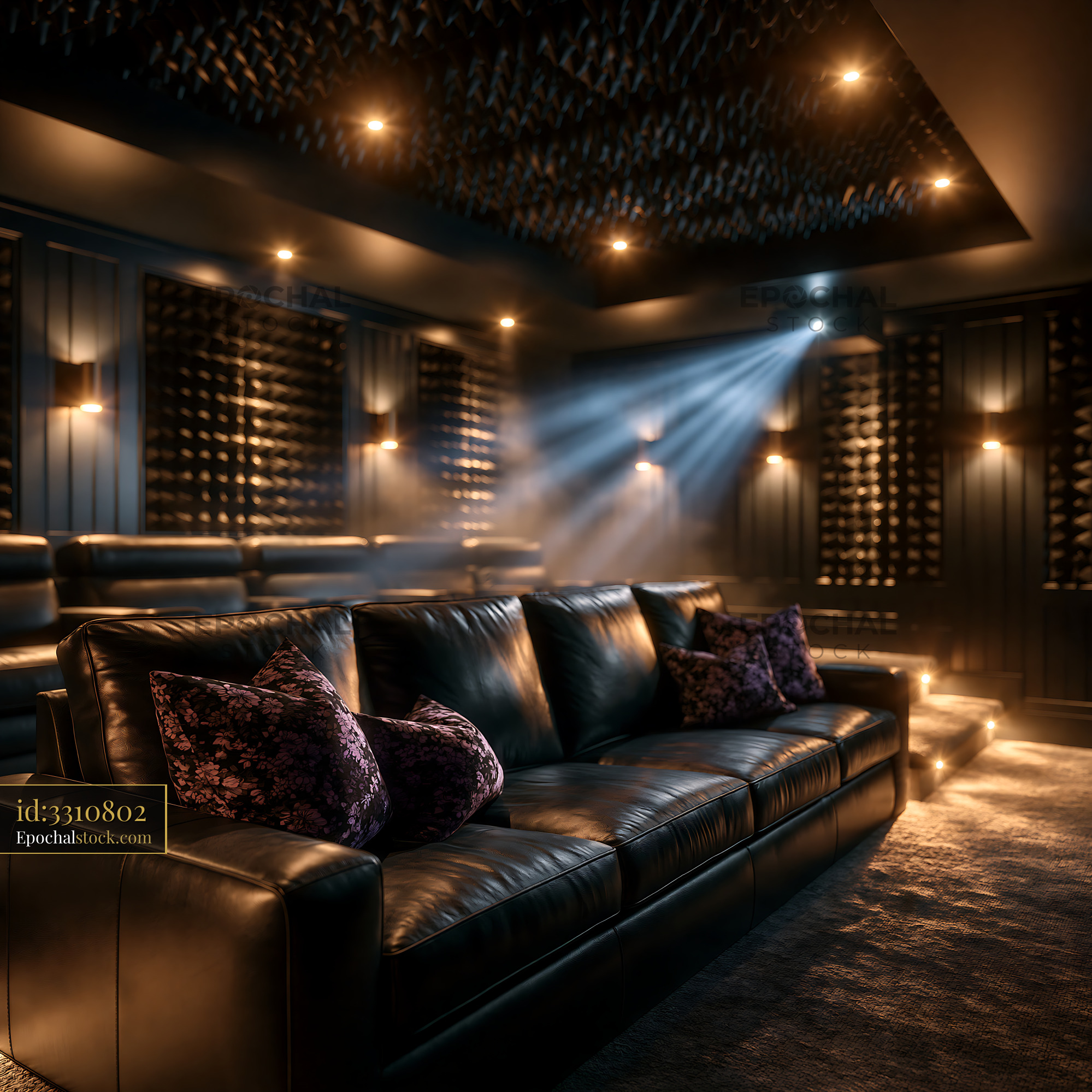 Watermarked full-resolution preview of Cozy home theater with elegant seating and ambient lighting