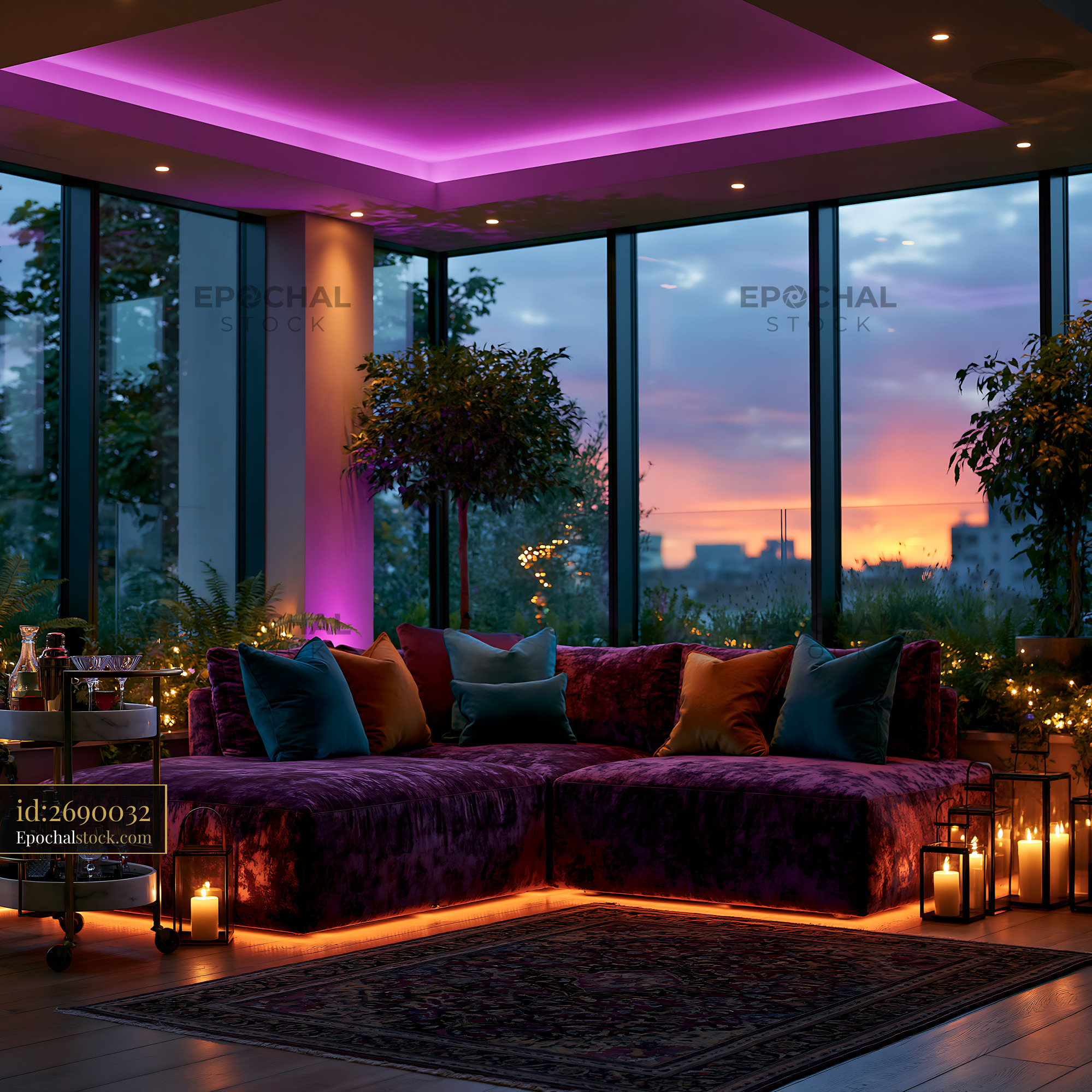 Watermarked full-resolution preview of Sunset view from a modern lounge with colorful lighting and plants
