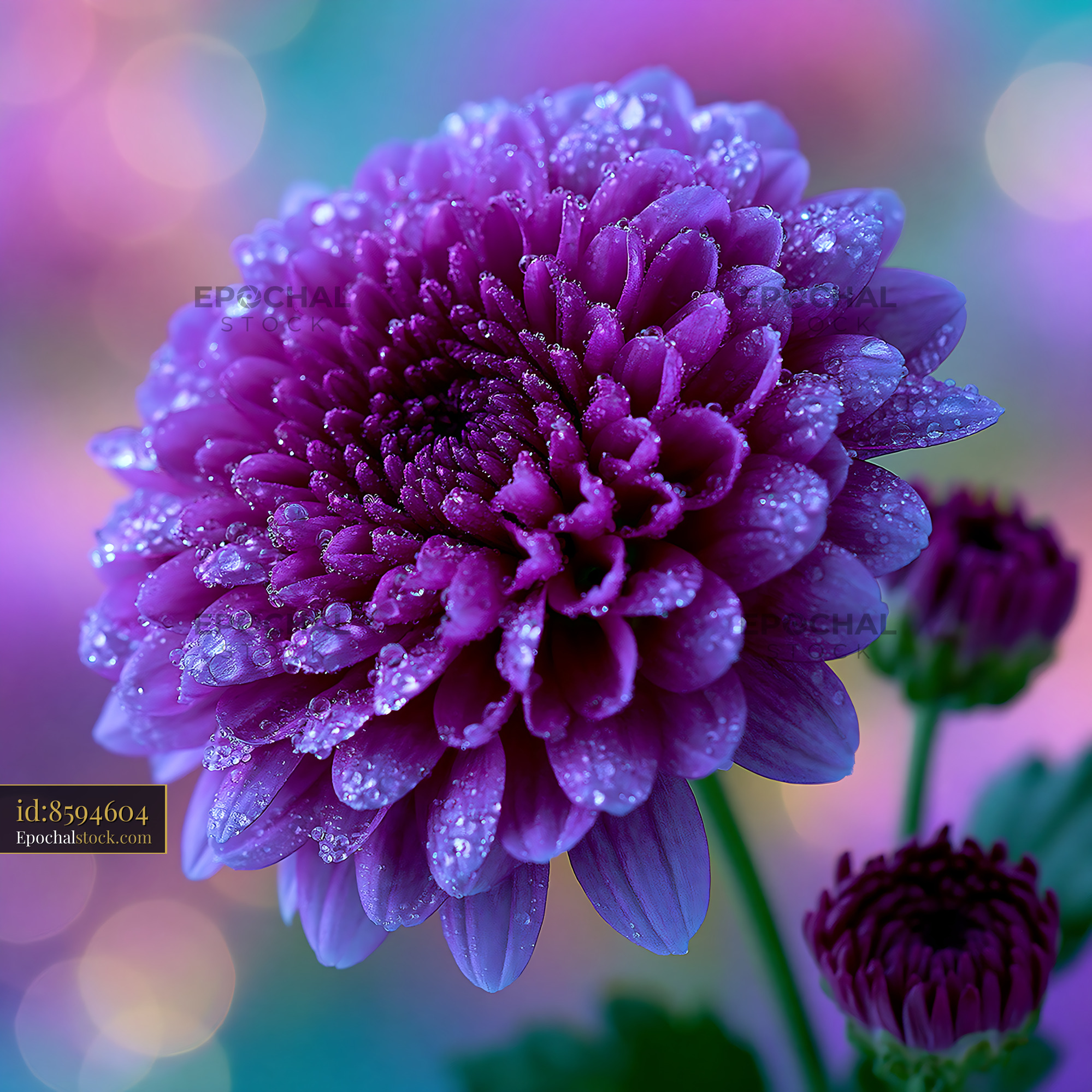 Watermarked full-resolution preview of Purple flower with water droplets on colorful background