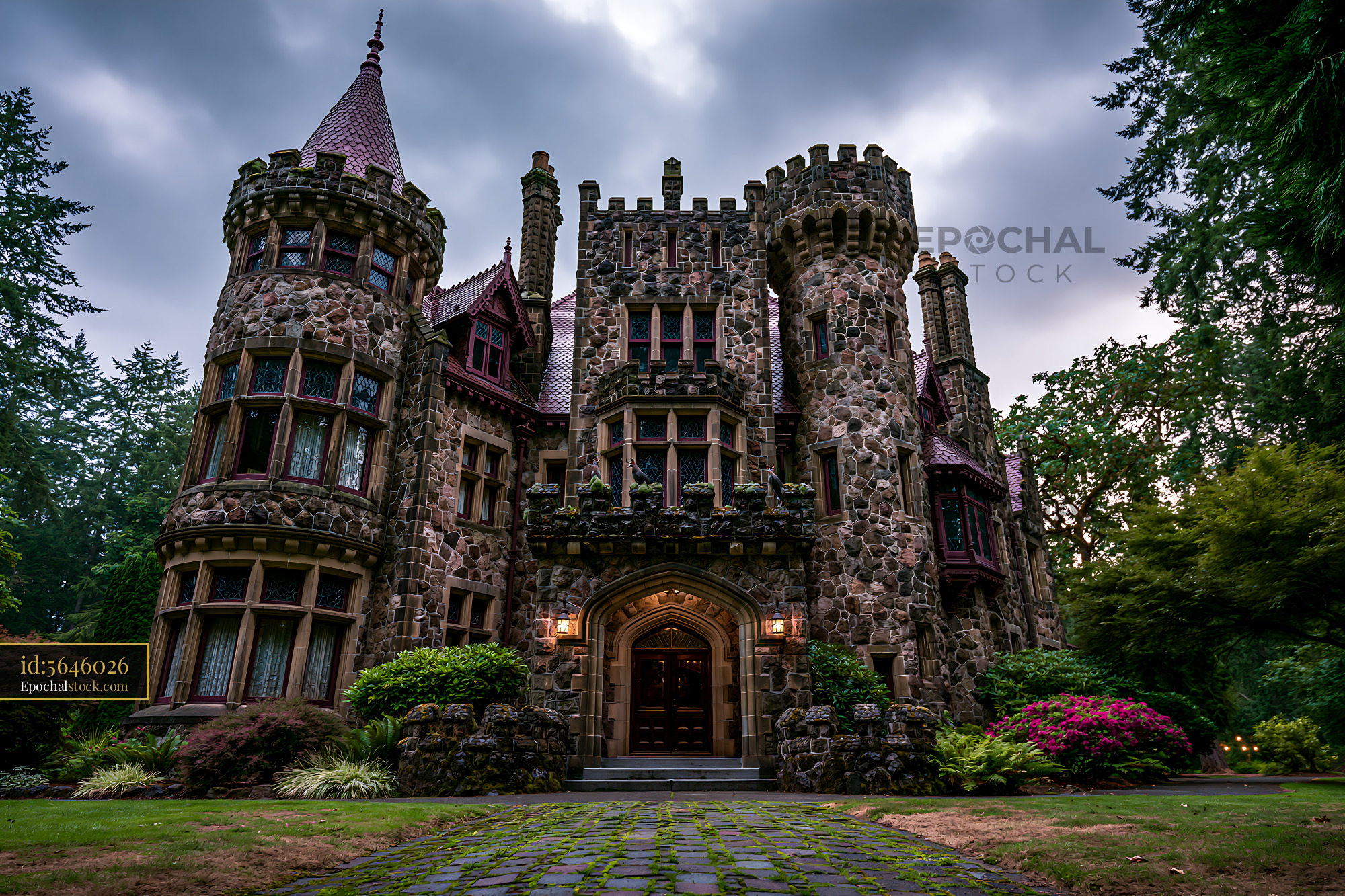 Watermarked full-resolution preview of Ornate stone castle with turrets and garden