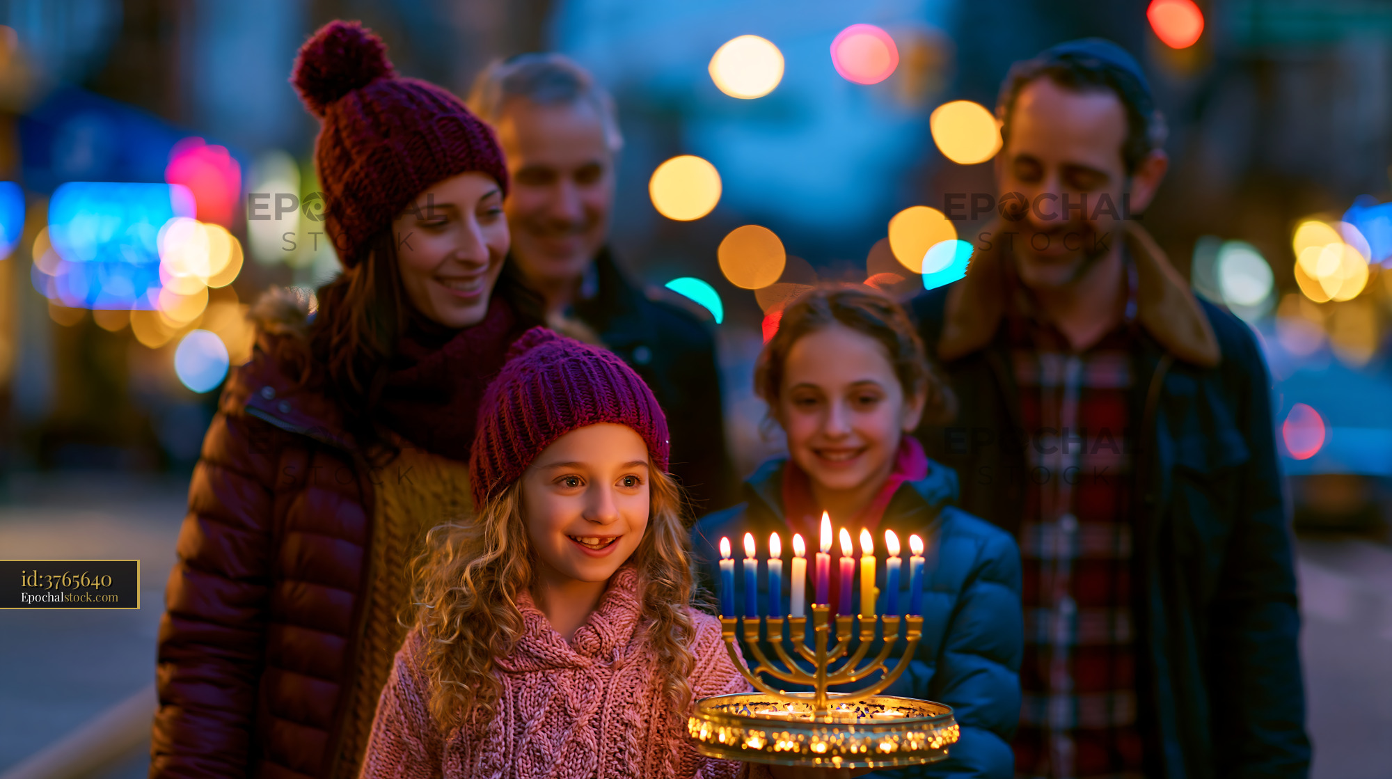 Watermarked full-resolution preview of Family celebrates Hanukkah with menorah in city street