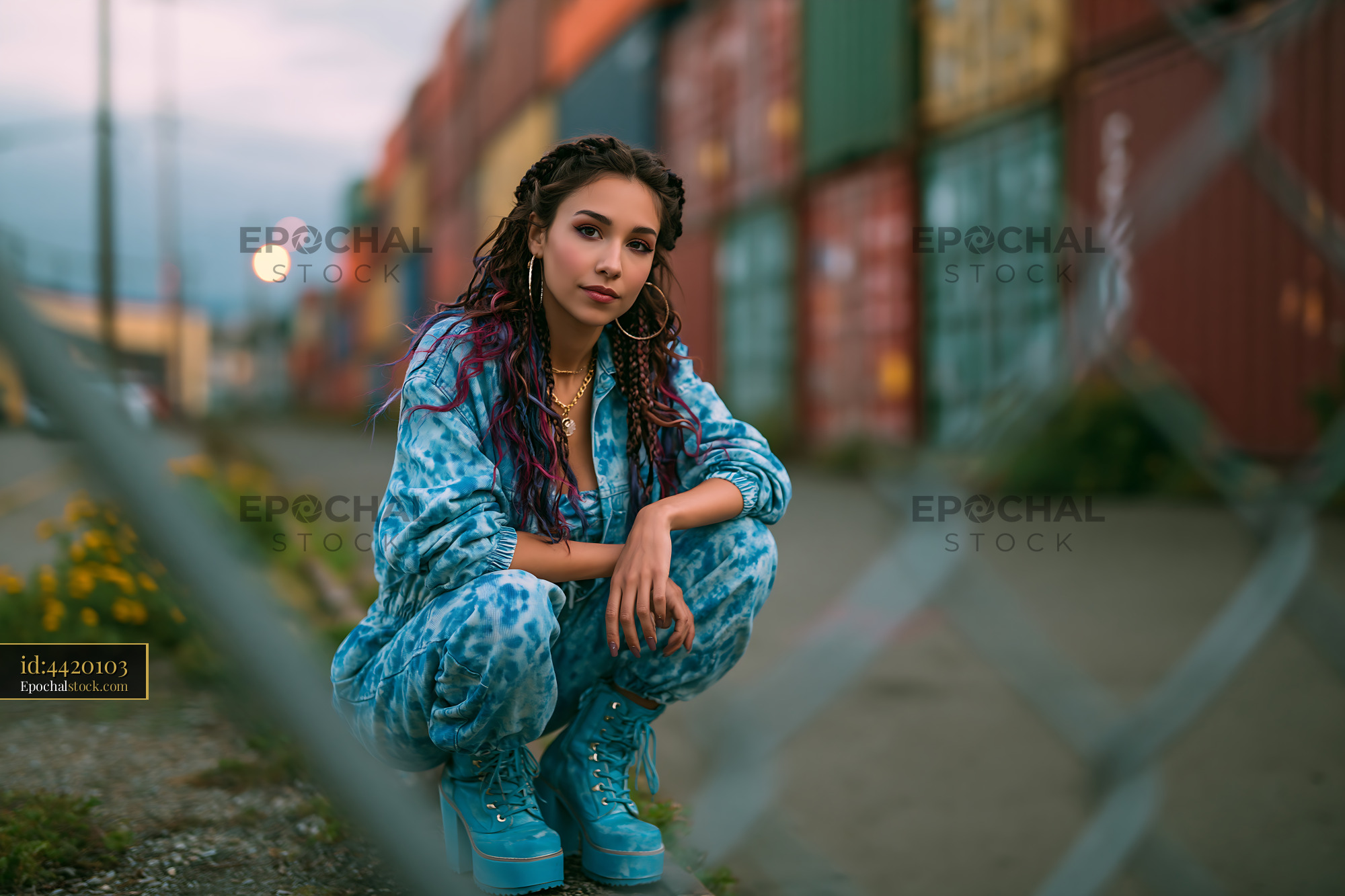 Watermarked full-resolution preview of Young adult in blue outfit poses near shipping containers