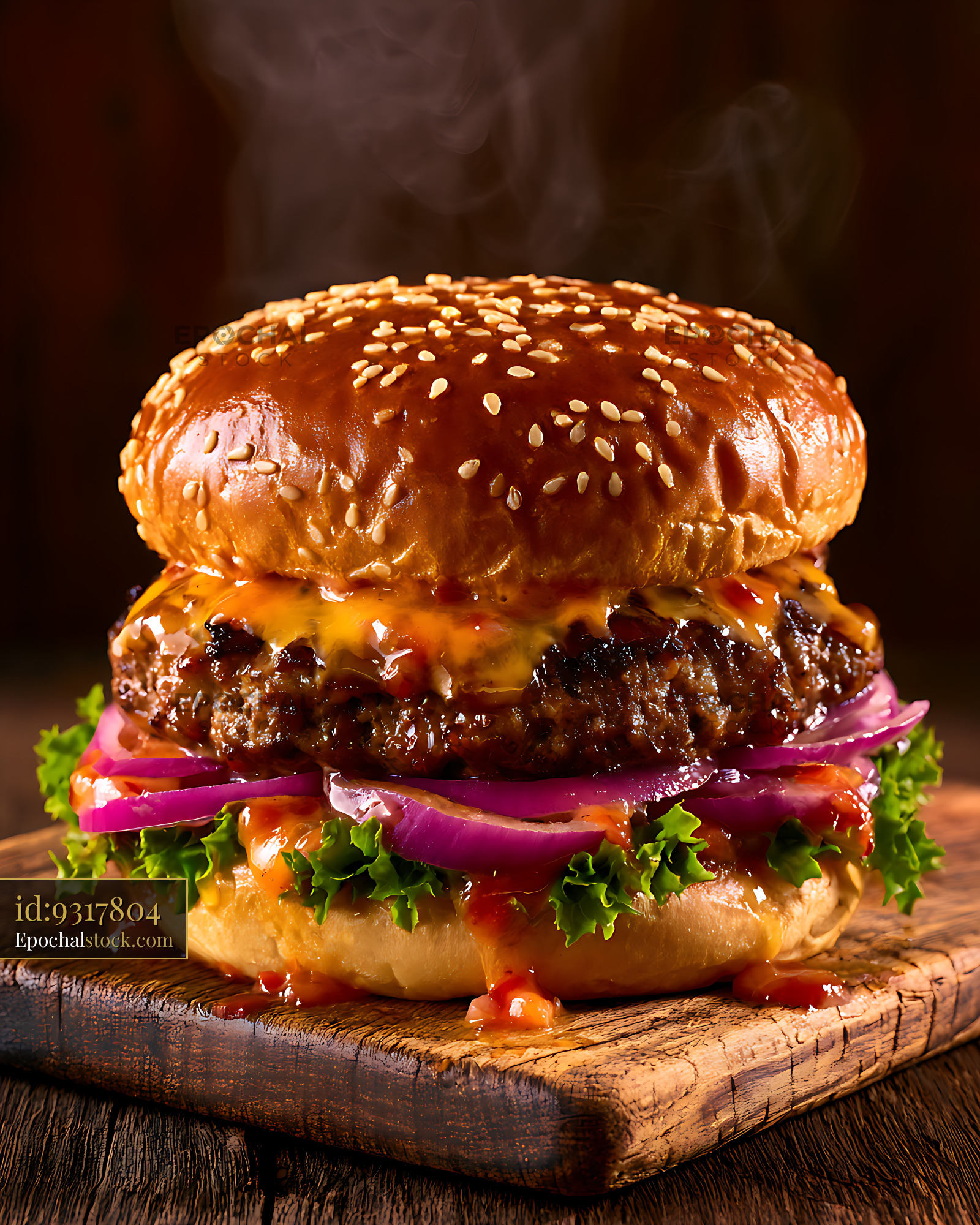 Watermarked full-resolution preview of Steaming cheeseburger served on a rustic wooden board