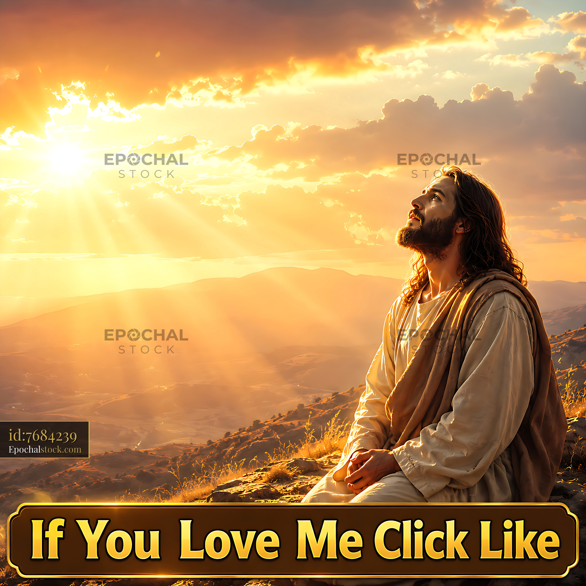 Man With Long Hair Prays During Sunset on a Mountain - stock photo