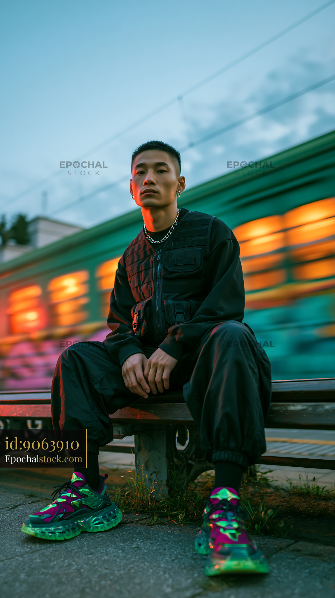 Watermarked full-resolution preview of Urban portrait of a man seated beside a blurred train