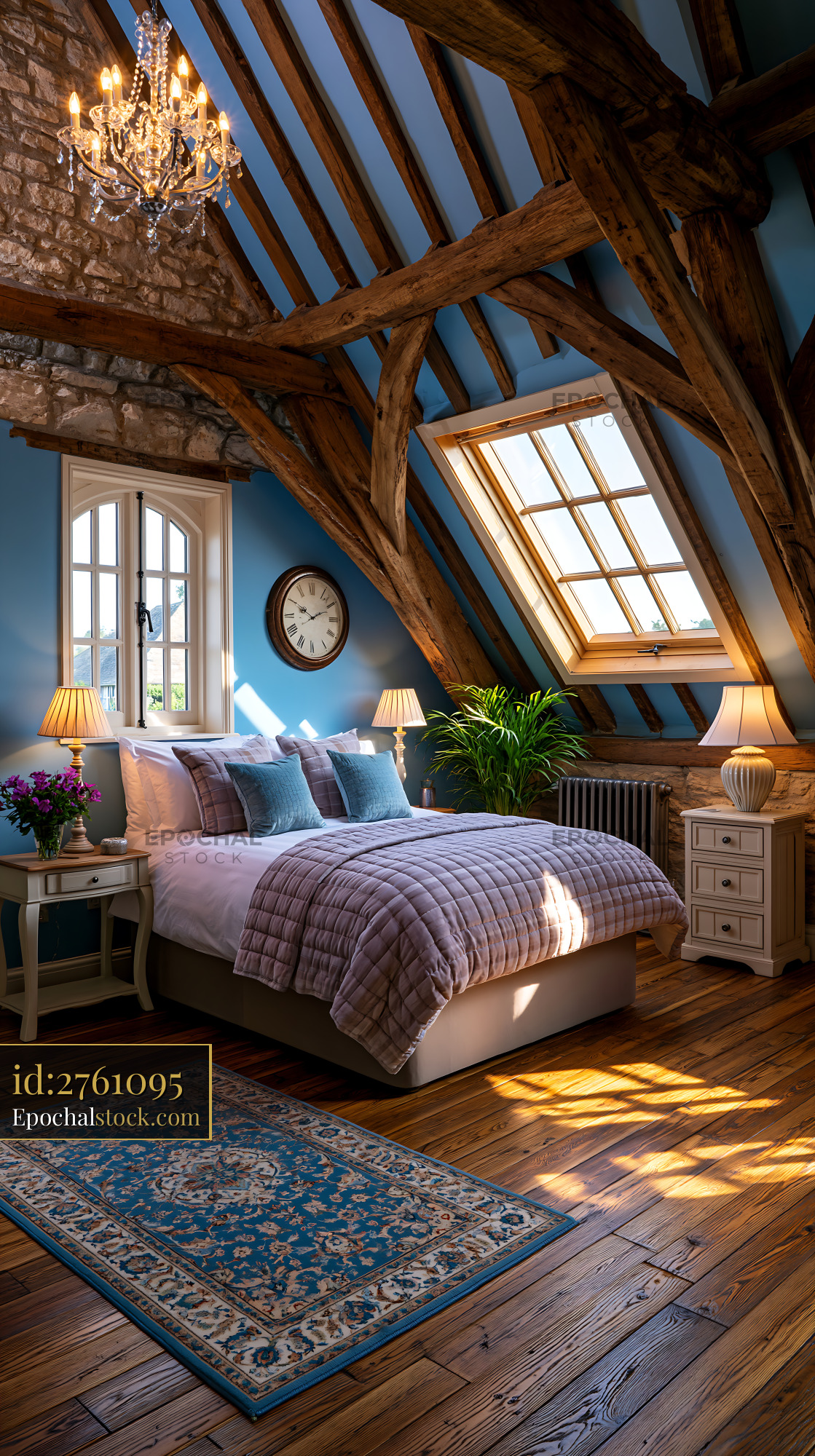 Watermarked full-resolution preview of Cozy bedroom with wooden beams and natural light