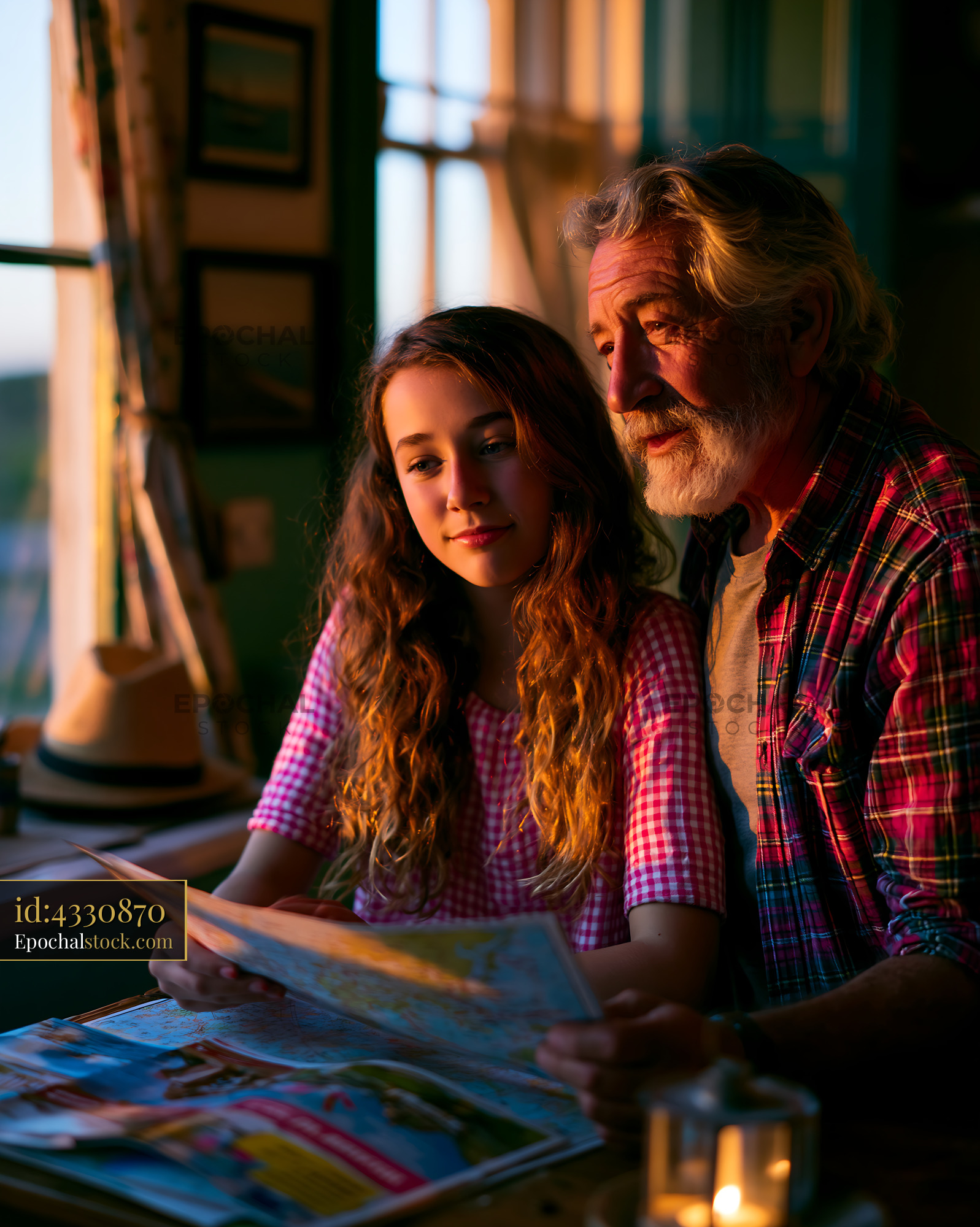Watermarked full-resolution preview of Family members looking at a map in warm indoor light