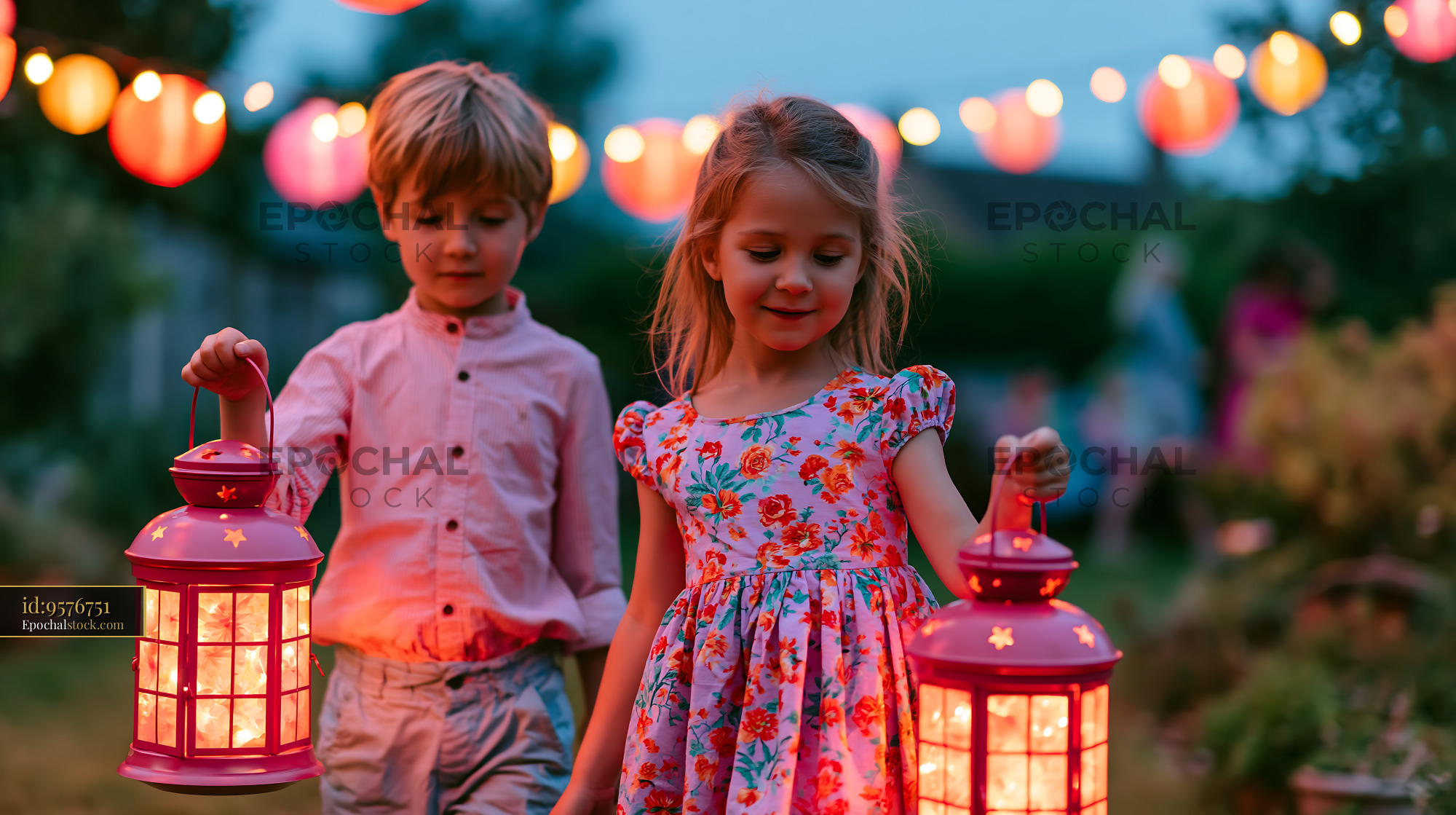 Watermarked full-resolution preview of Children walking with lanterns during a festive evening