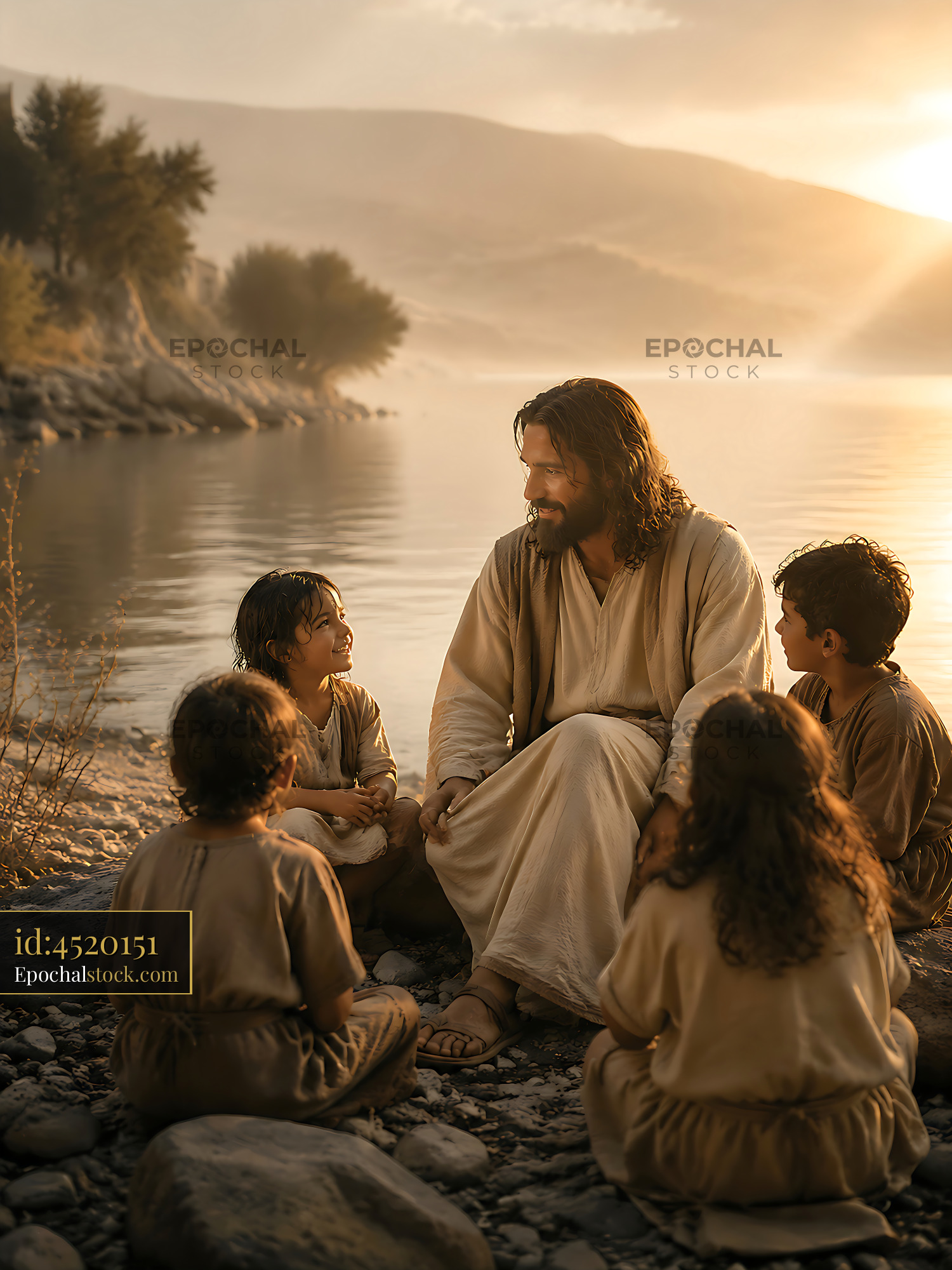 Watermarked full-resolution preview of Jesus sitting by the river with children during sunset