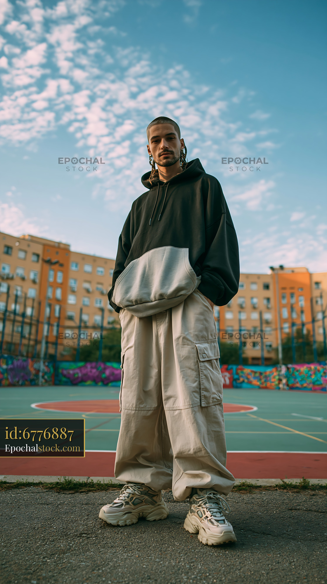 Watermarked full-resolution preview of Young man wearing casual streetwear on a city basketball court