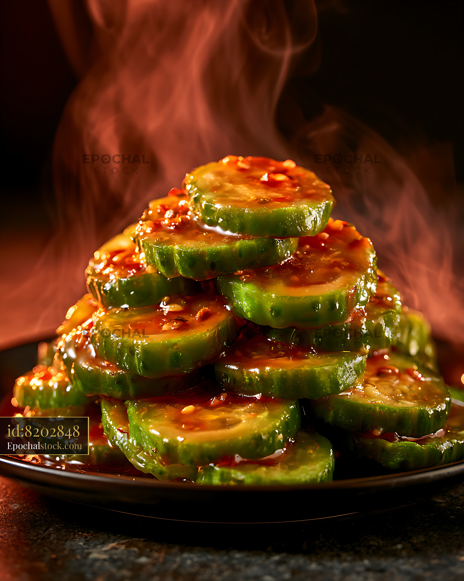 Watermarked full-resolution preview of Stack of sauced cucumber slices on a plate