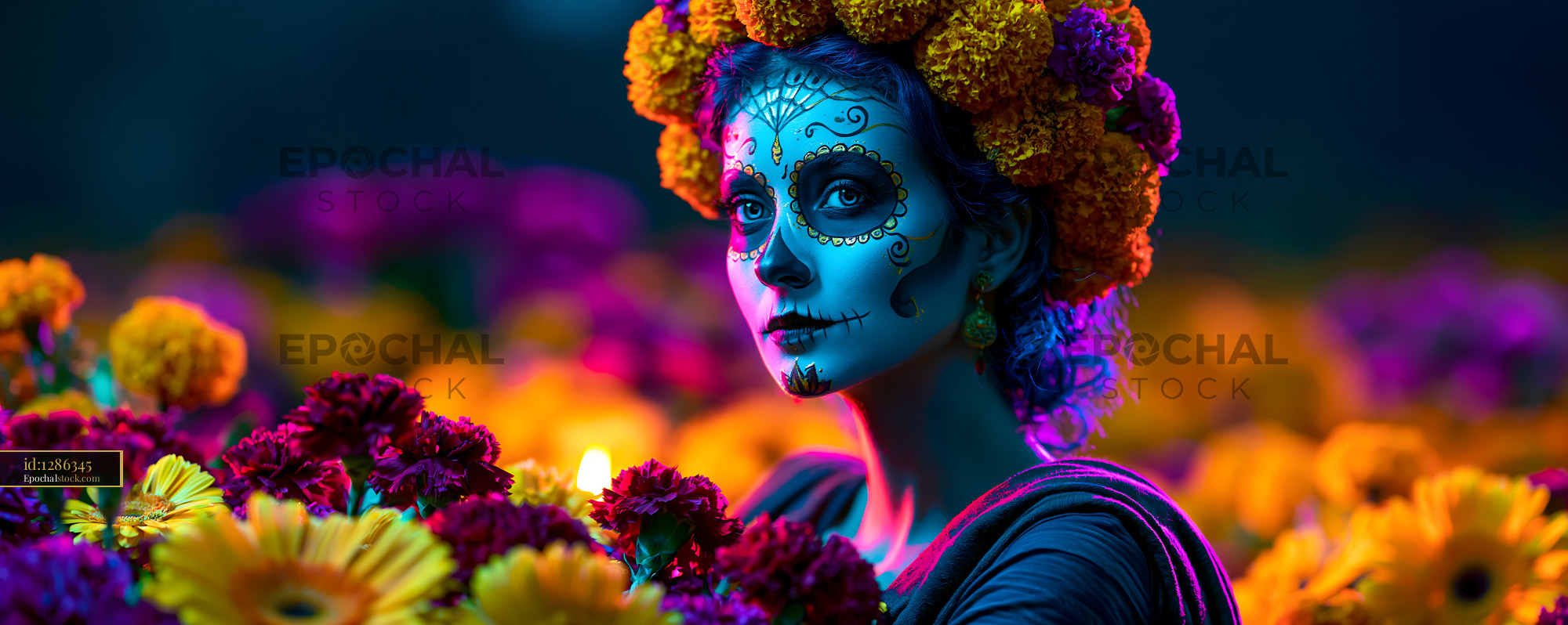 Watermarked full-resolution preview of Colorful skull face paint portrait with marigold flower crown