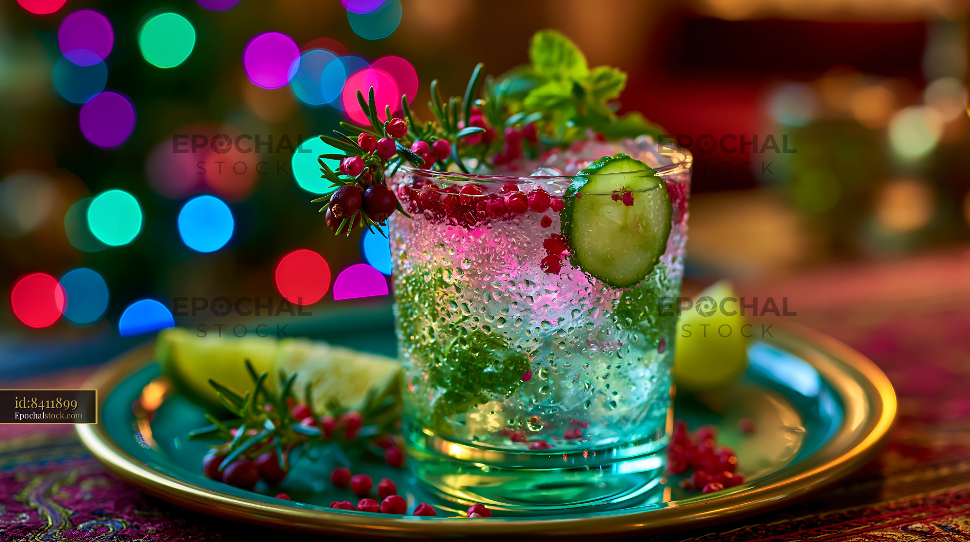Watermarked full-resolution preview of Colorful drink decorated with herbs and fruits for a festive occasion