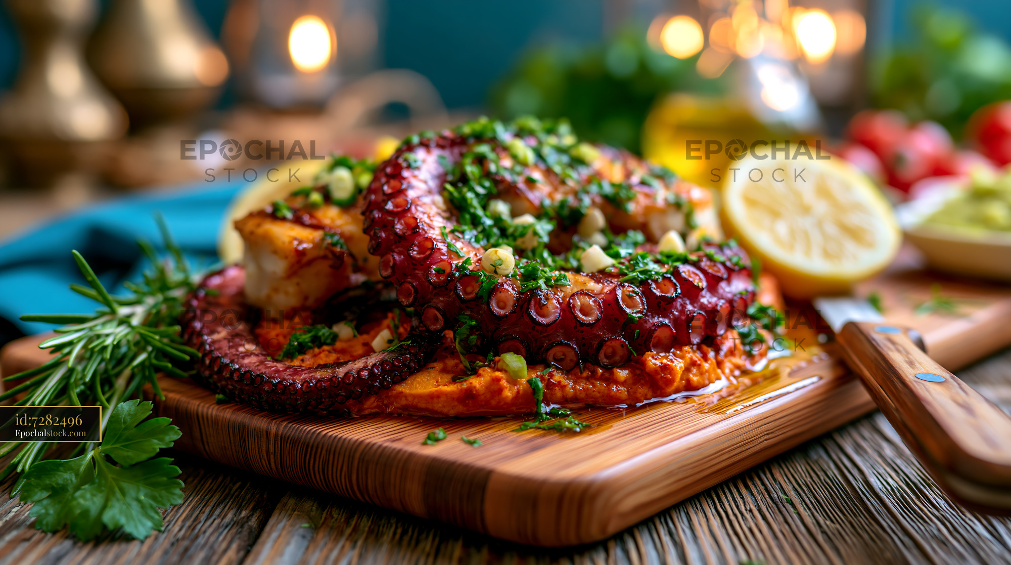 Watermarked full-resolution preview of Grilled octopus served on a wooden platter with herbs and lemon