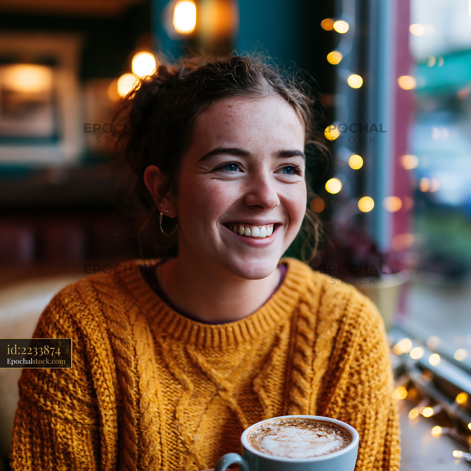 Watermarked full-resolution preview of Woman enjoying coffee in cozy cafe with lights in evening
