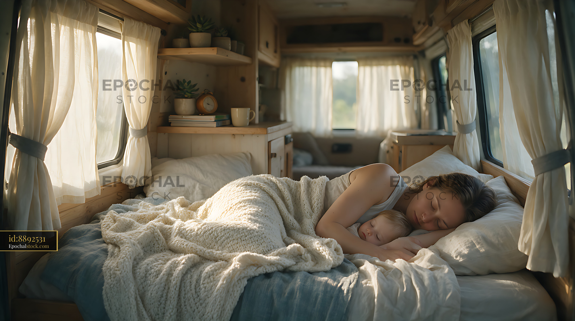 Watermarked full-resolution preview of Mother and baby resting in a camper van bedroom