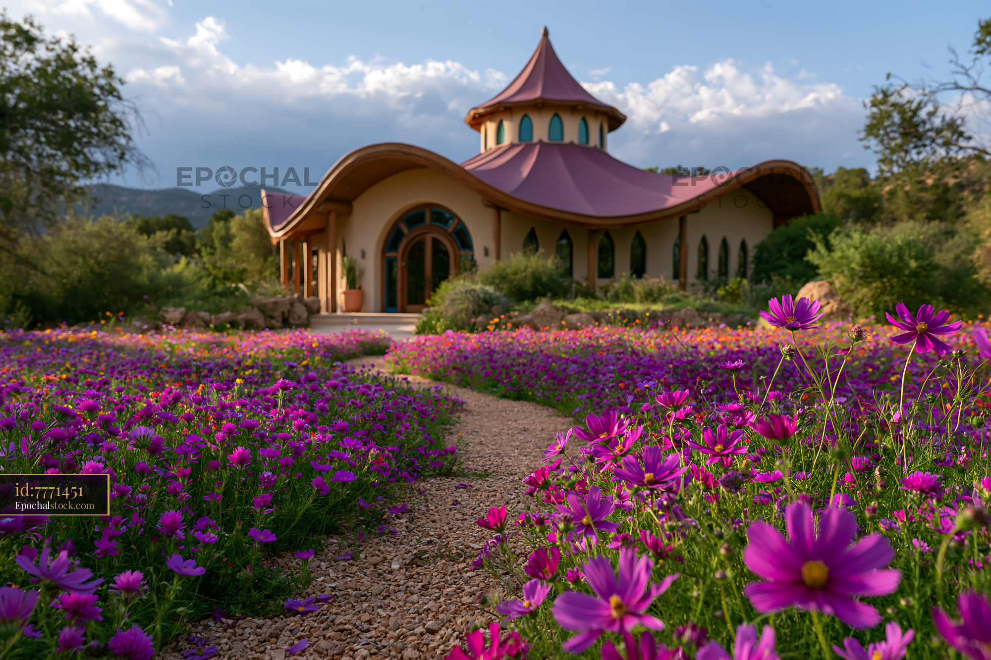 Watermarked full-resolution preview of Flower-filled garden path leading to an ornate pavilion