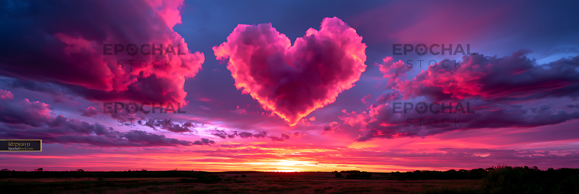 Watermarked full-resolution preview of Heart-shaped pink cloud glowing above fields at sunset