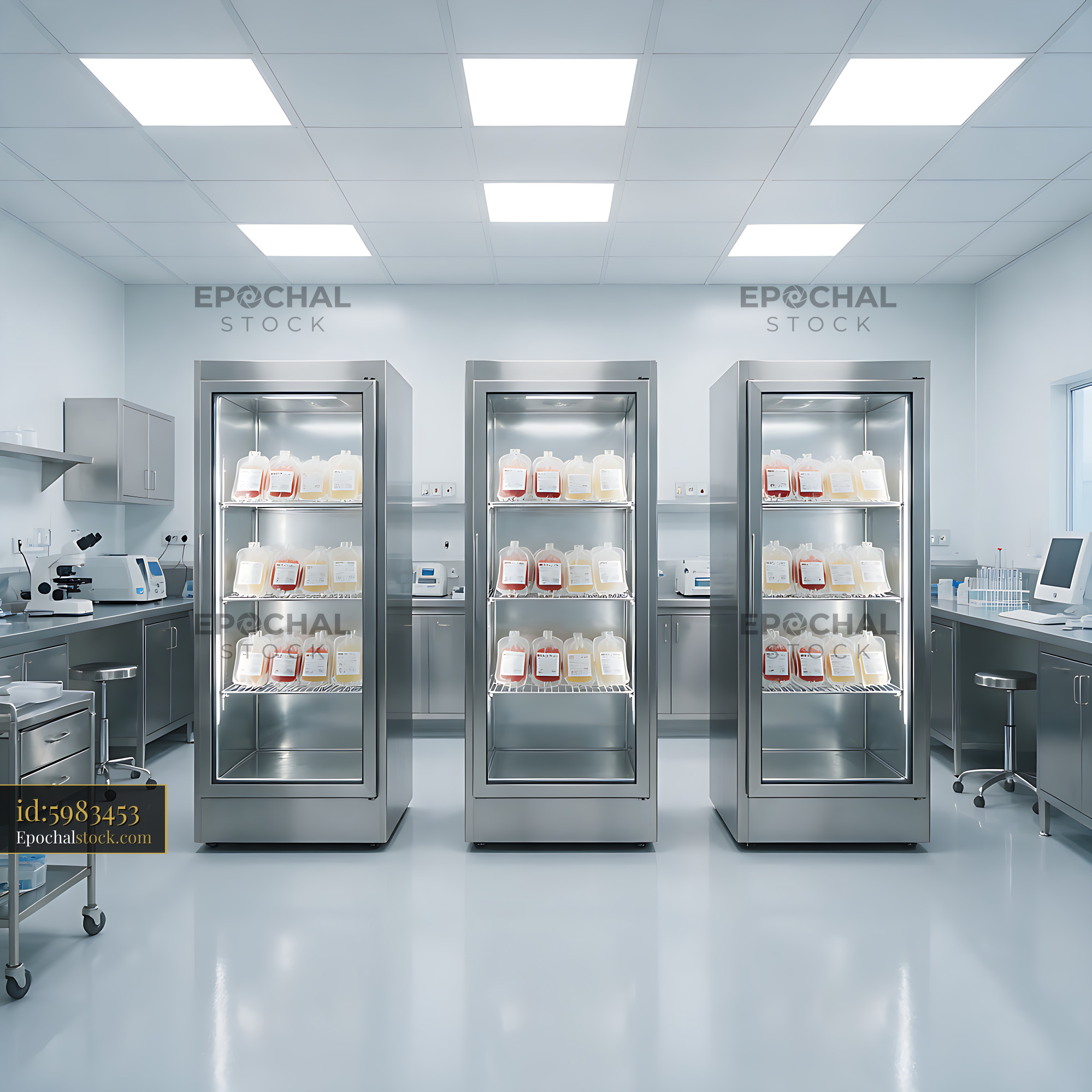 Watermarked full-resolution preview of Three blood storage refrigerators in a medical laboratory