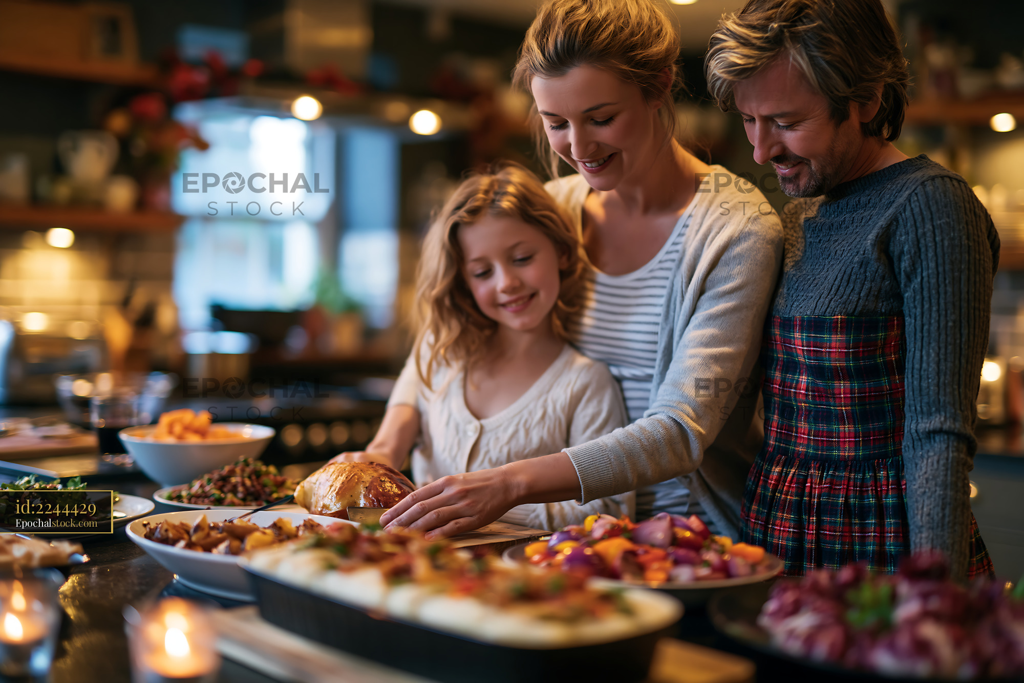 Watermarked full-resolution preview of Family gathering around a dinner table with various dishes