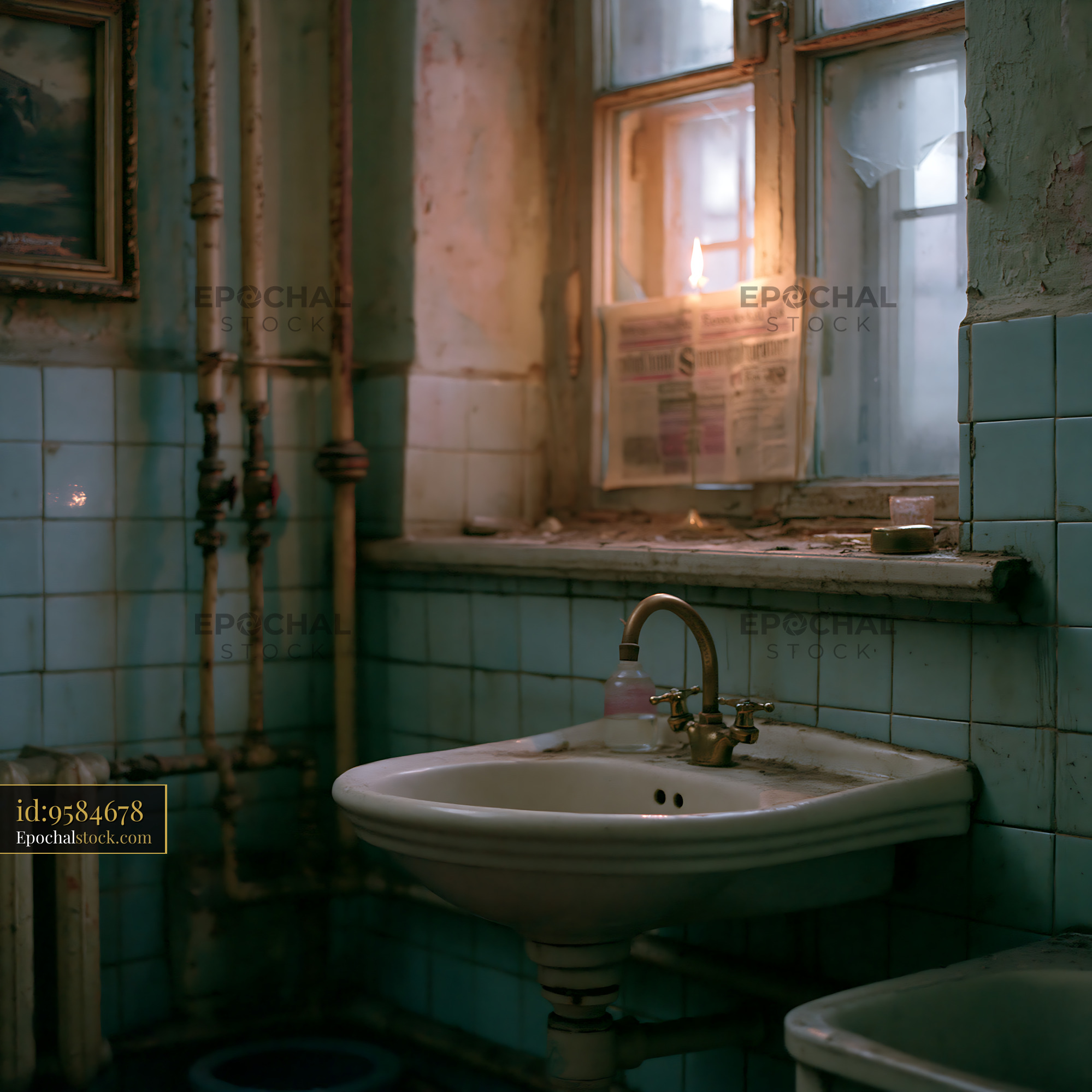 Watermarked full-resolution preview of Weathered vintage bathroom interior with candlelit sink