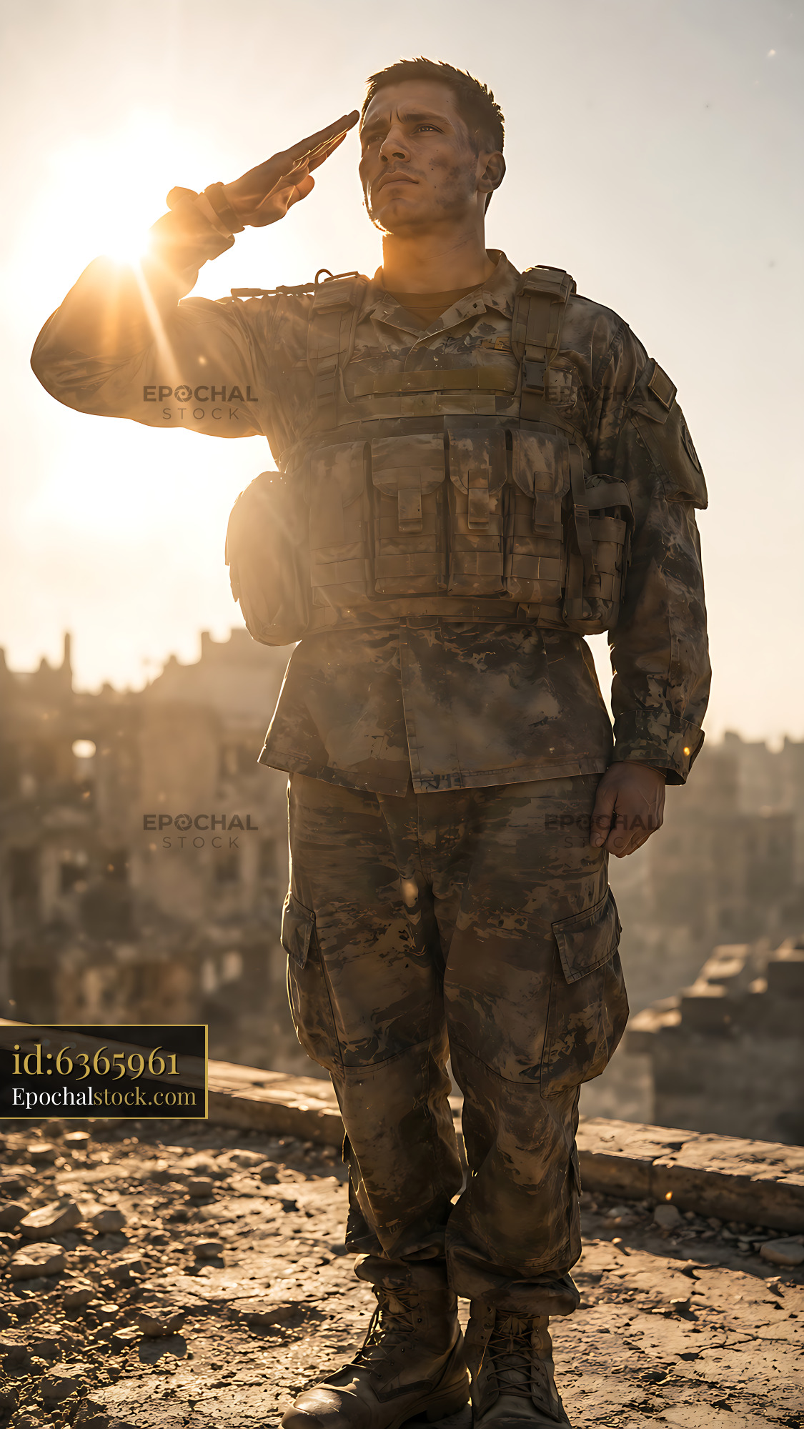 Watermarked full-resolution preview of Soldier saluting during sunset in a war-torn city