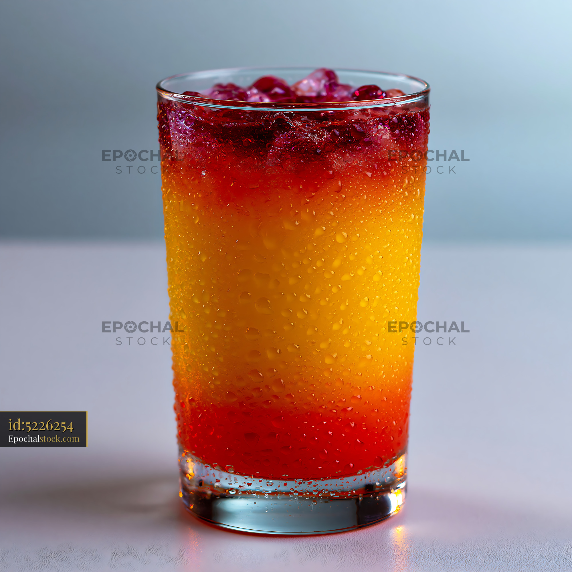 Watermarked full-resolution preview of Chilled layered fruit beverage with condensation