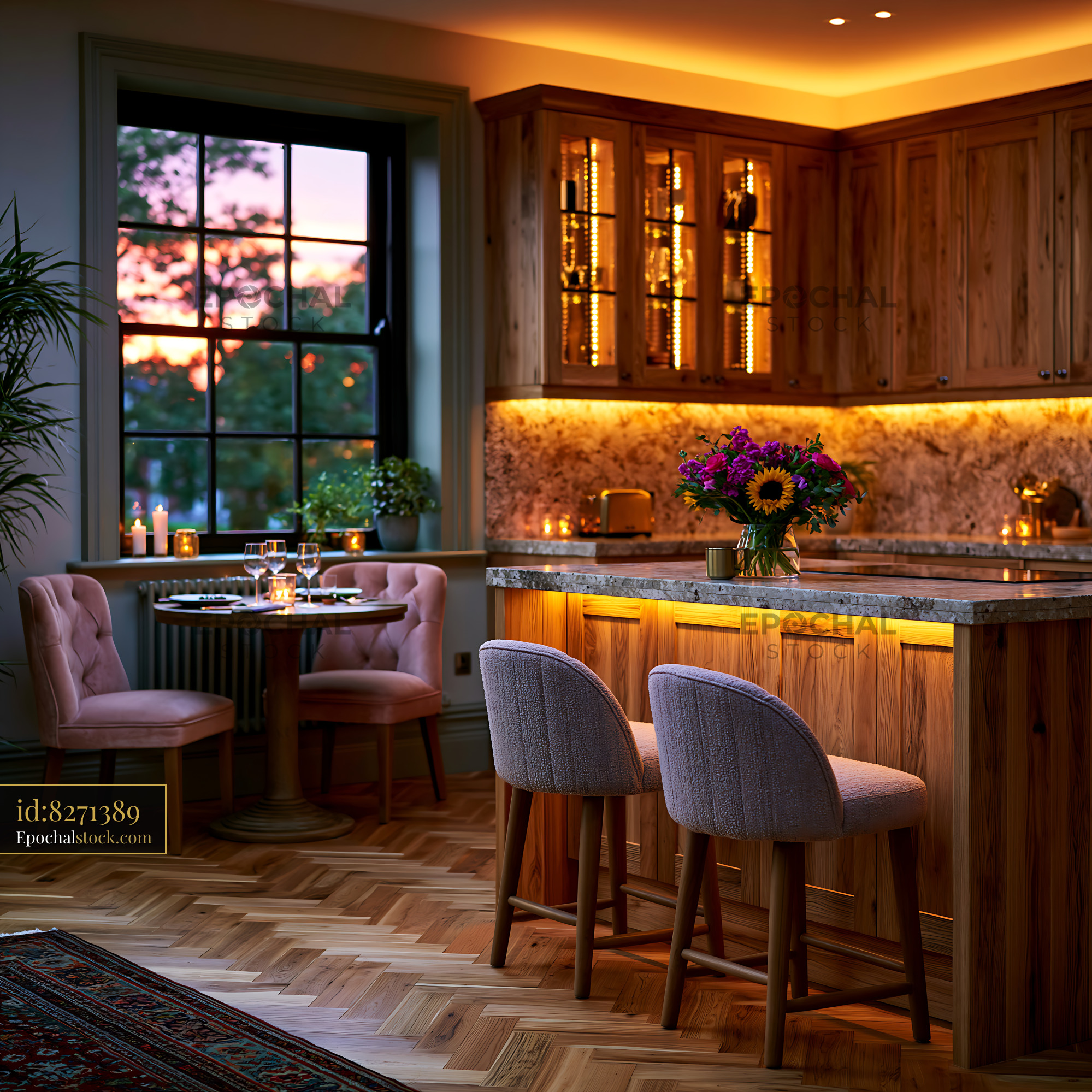 Watermarked full-resolution preview of Cozy kitchen interior with dining table and floral centerpiece