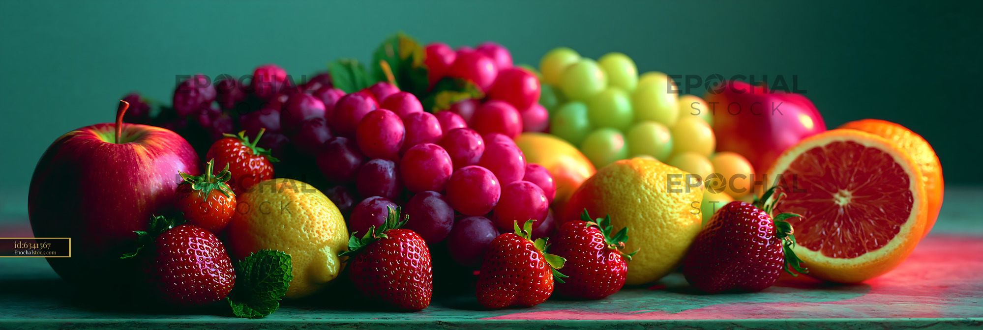 Watermarked full-resolution preview of Colorful display of assorted fruits arranged on a wooden table
