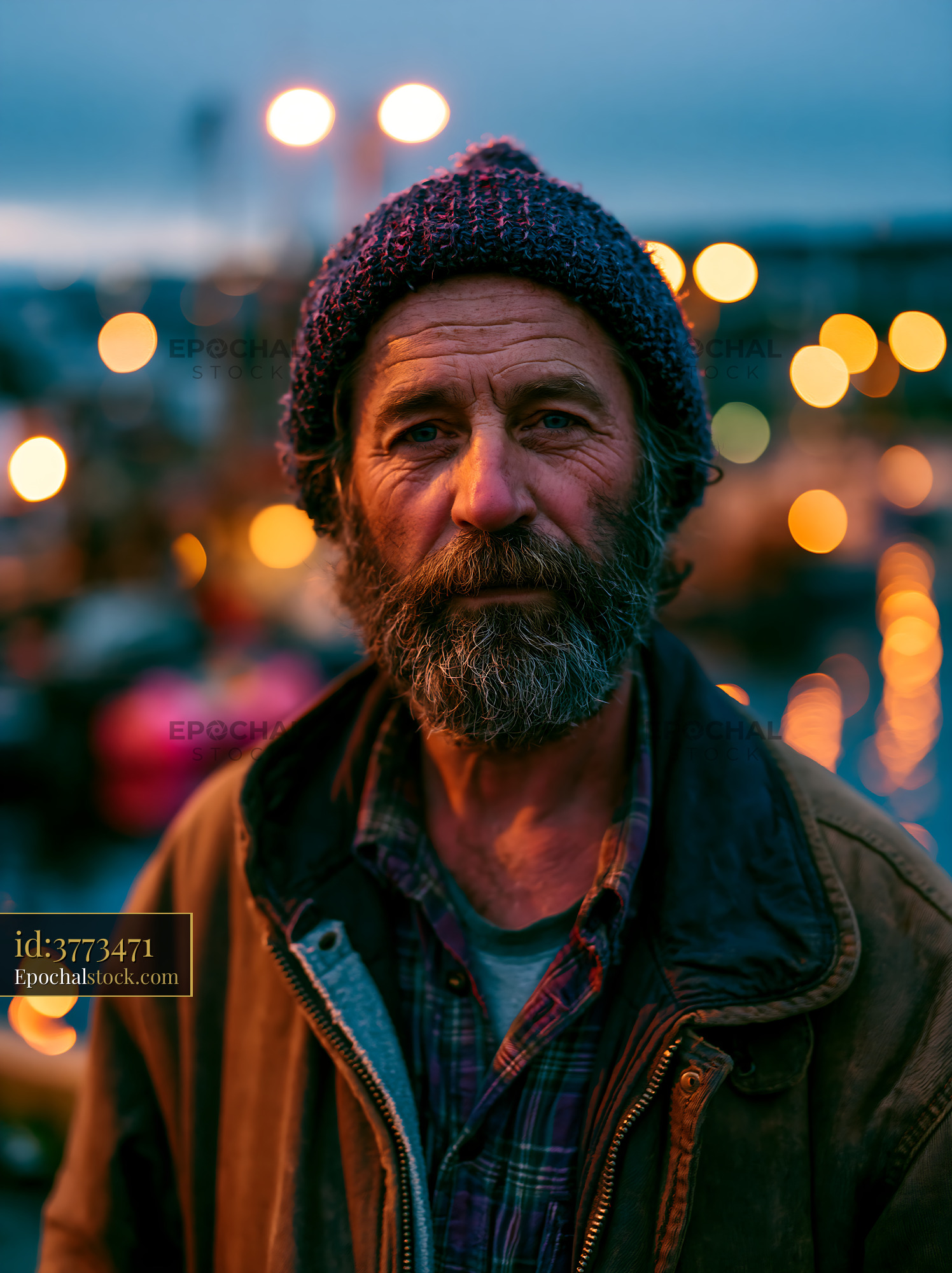 Watermarked full-resolution preview of Portrait of a man in a cozy hat near a waterway at dusk