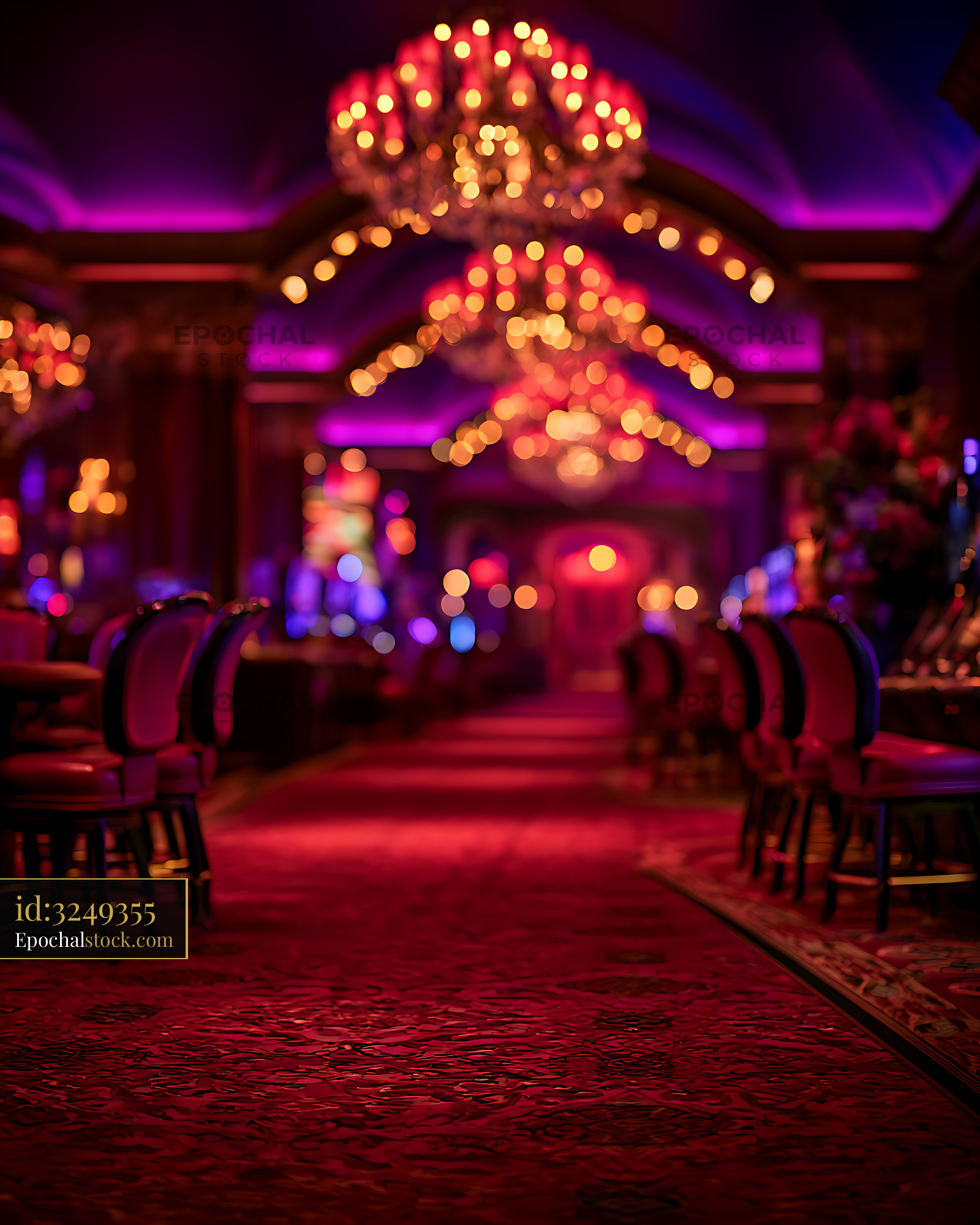 Watermarked full-resolution preview of Colorful defocused theater interior with glowing lights