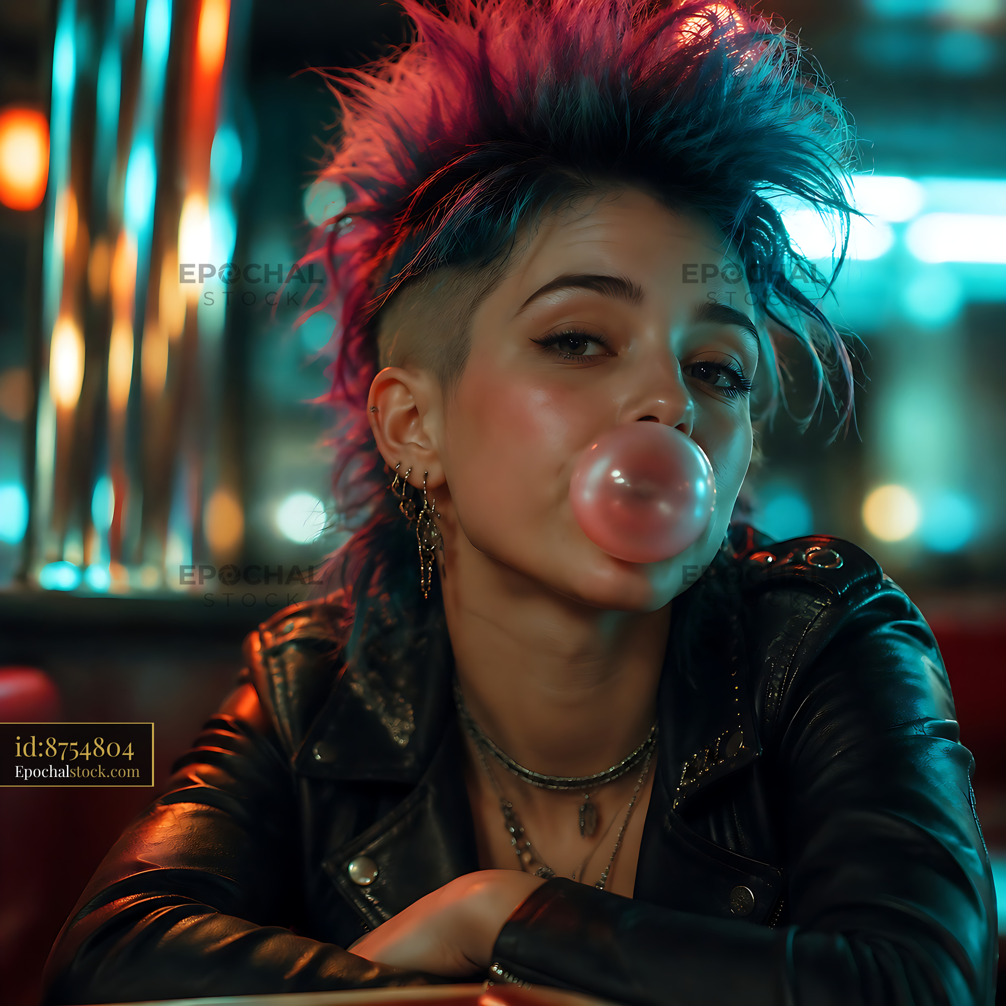 Watermarked full-resolution preview of Young woman chewing bubble gum in retro diner