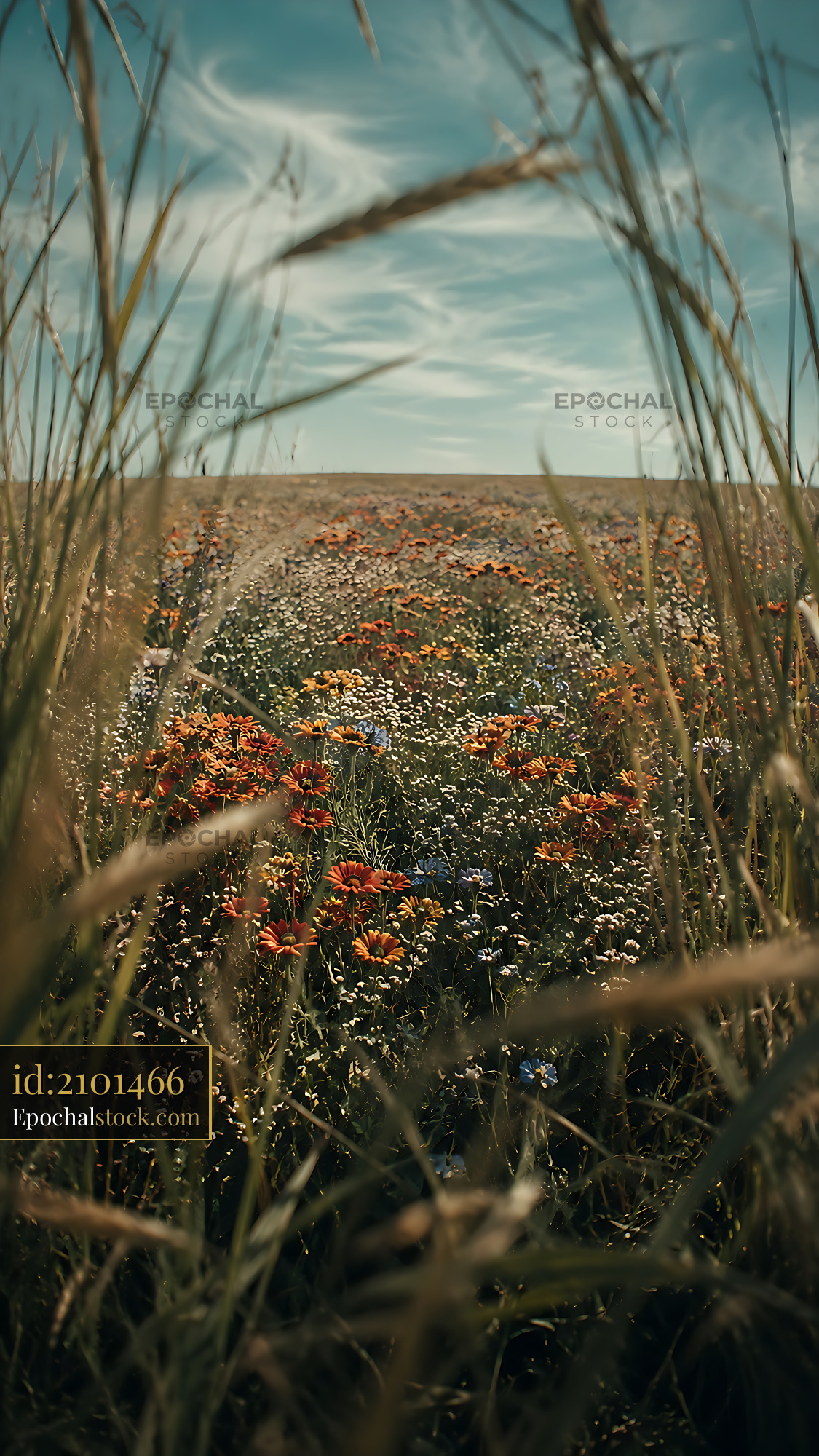 Watermarked full-resolution preview of Colorful wildflowers in a field under a blue sky