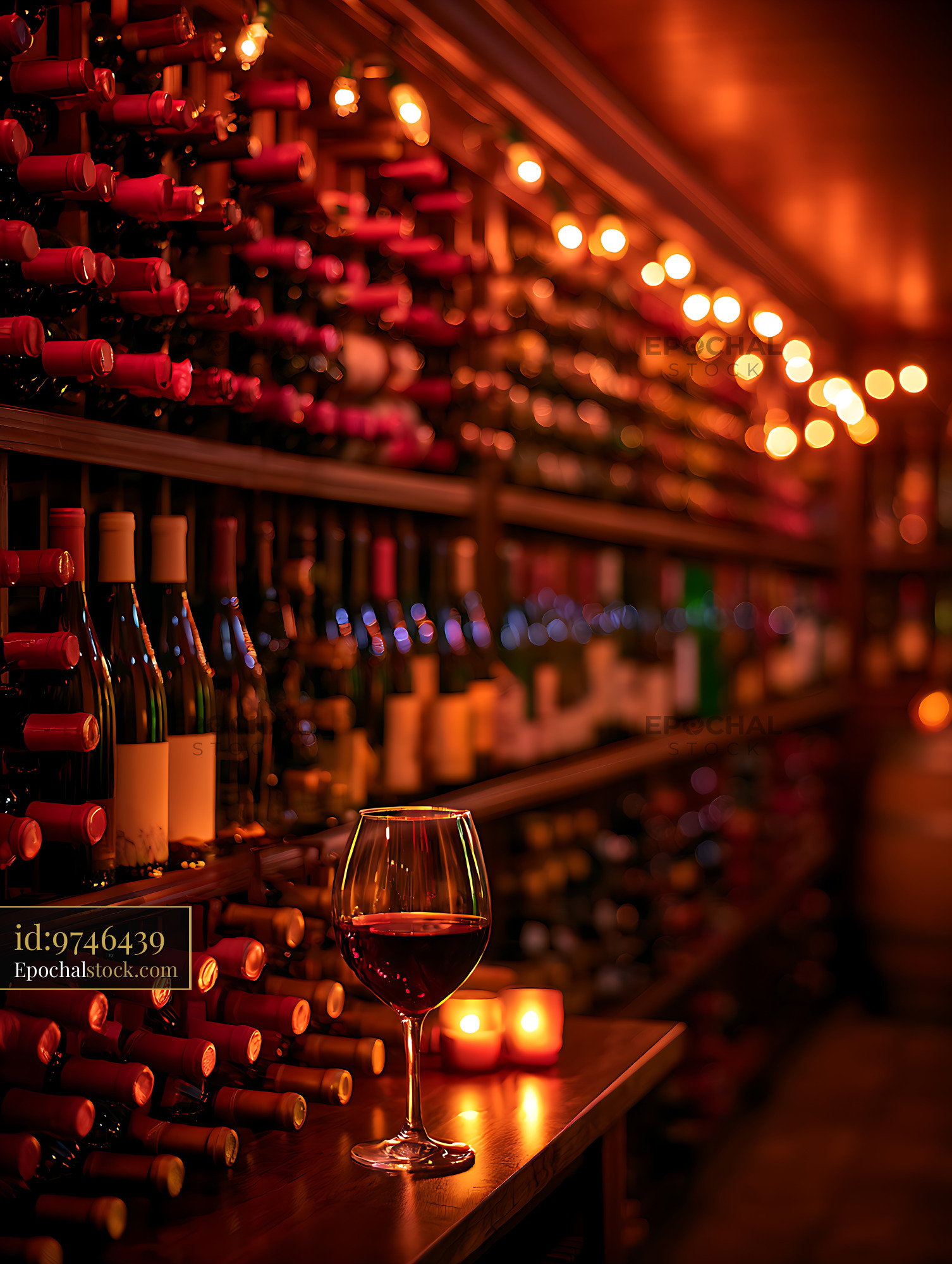 Watermarked full-resolution preview of Red wine glass surrounded by bottles and candlelight