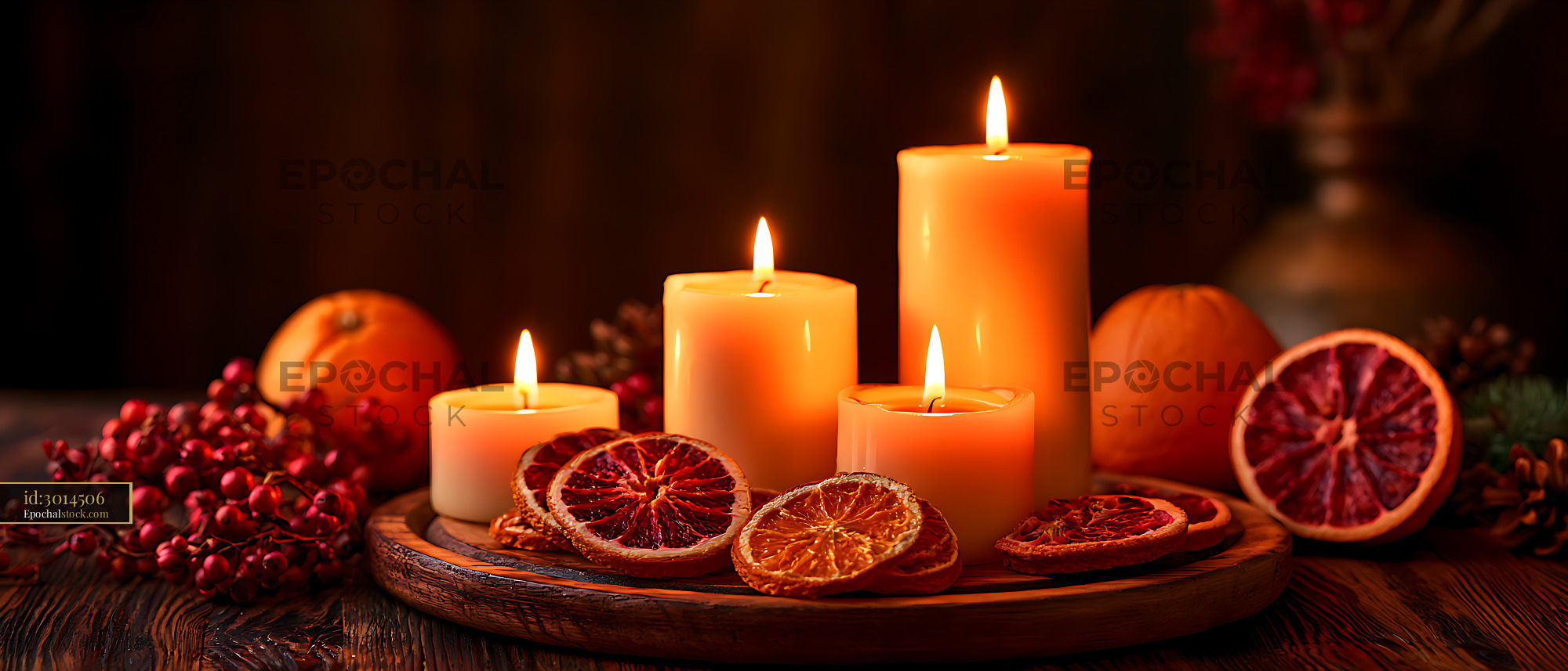 Watermarked full-resolution preview of Warm candle still life with dried oranges and berries