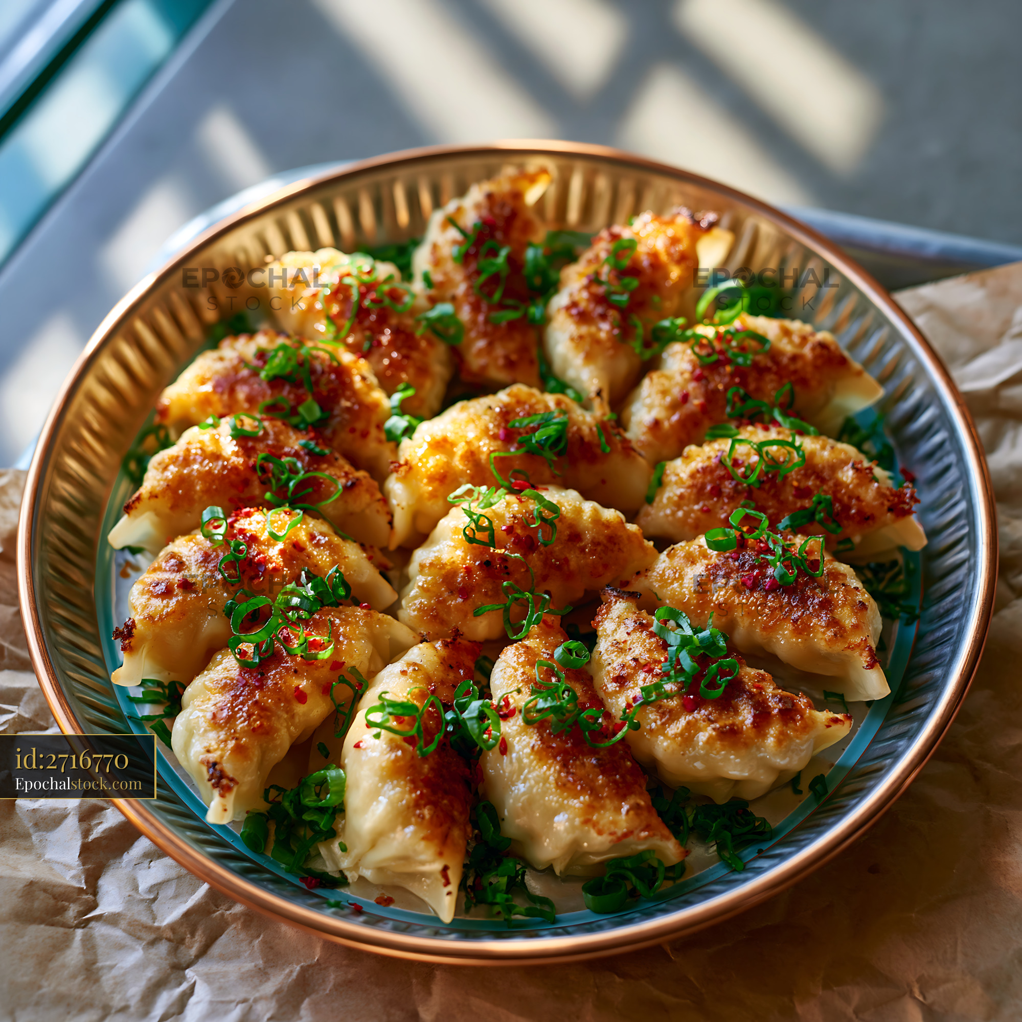 Watermarked full-resolution preview of Dumplings served on a plate with green onions on top