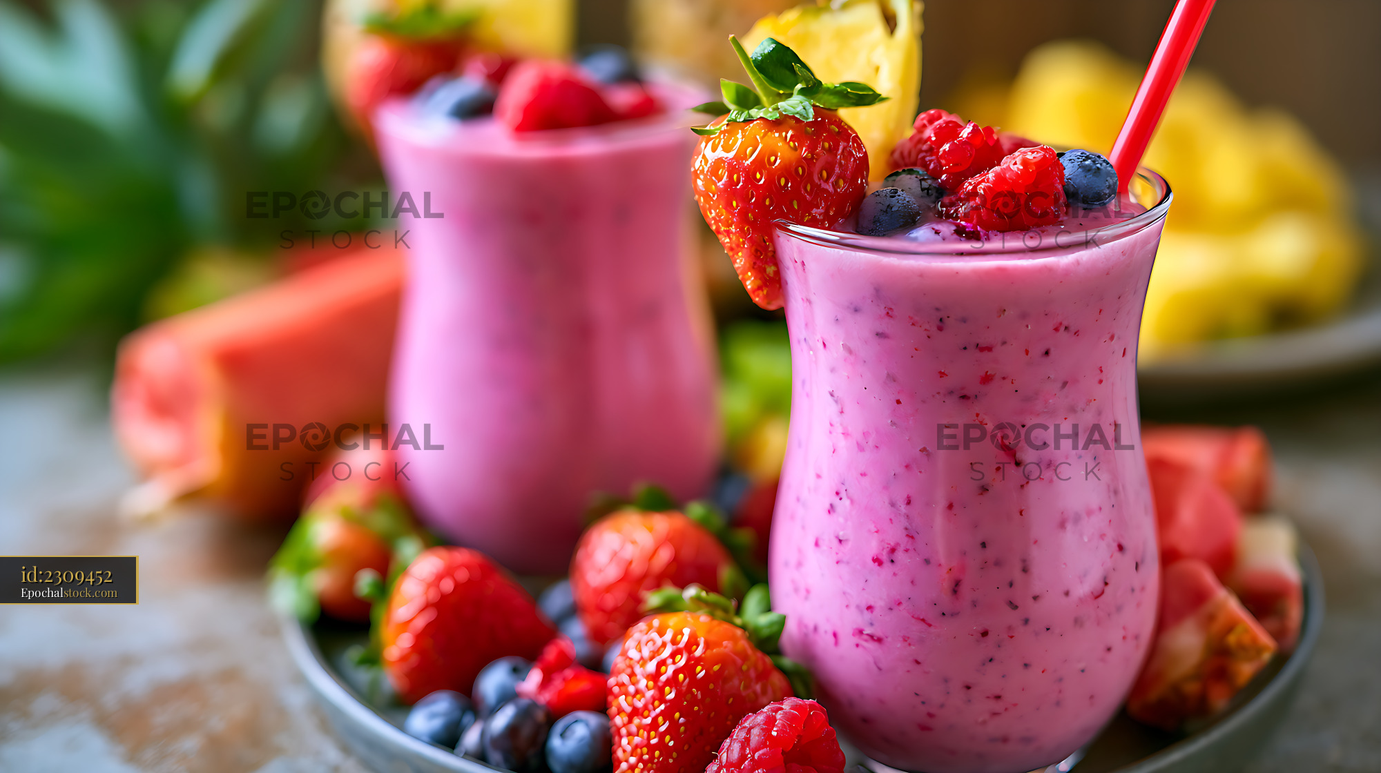 Watermarked full-resolution preview of Pink berry smoothie topped with fresh mixed berries