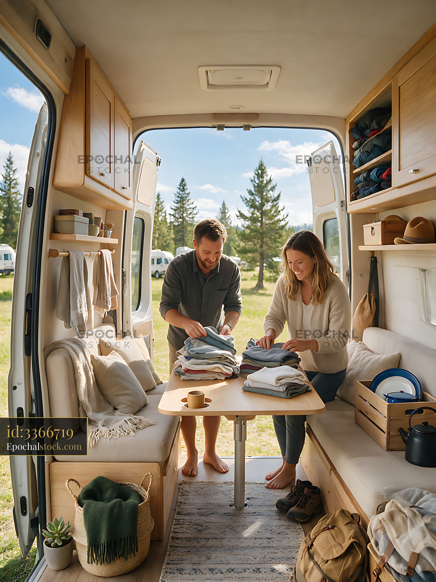 Watermarked full-resolution preview of Family activity in a bright camper van interior