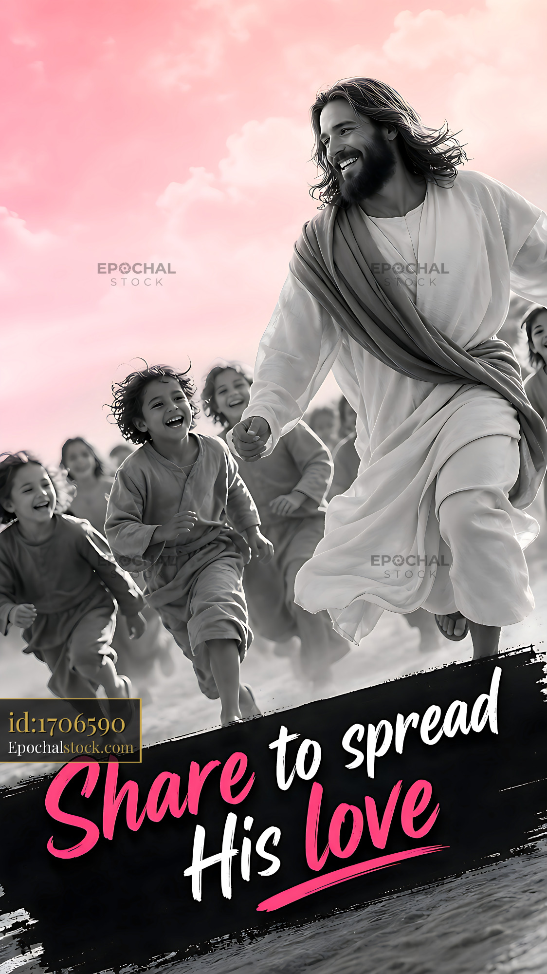 Children Running Joyfully With a Figure in White Robes on Beach - stock photo