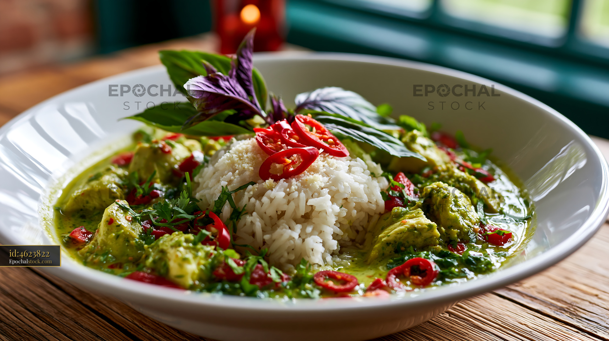 Watermarked full-resolution preview of Close-up rice and avocado bowl with herbs and chili