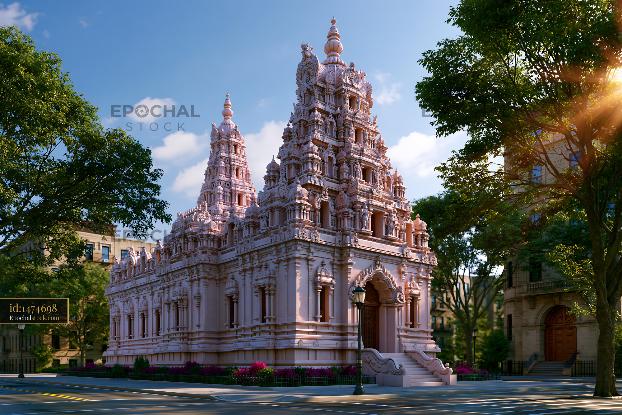 Watermarked full-resolution preview of Beautiful temple with intricate design located in a city setting