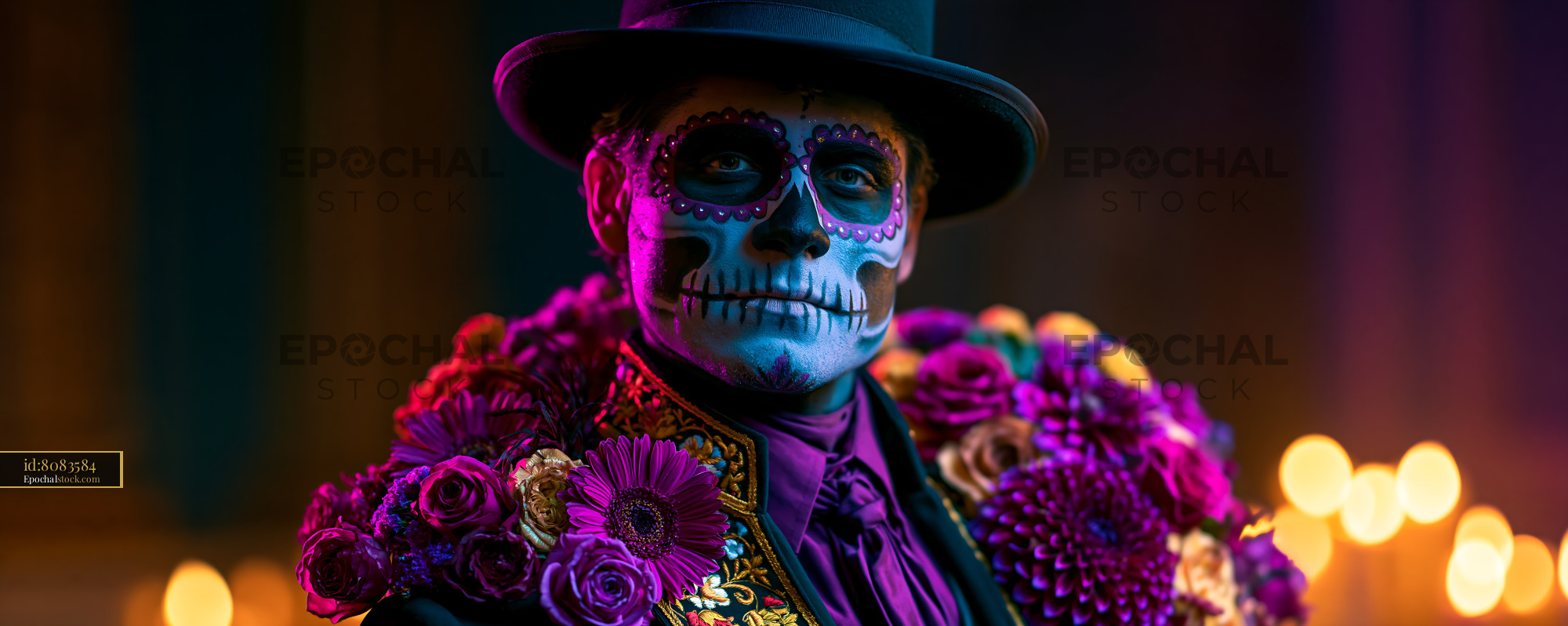 Watermarked full-resolution preview of Colorful Sugar Skull Portrait with Flowers and Dramatic Lighting