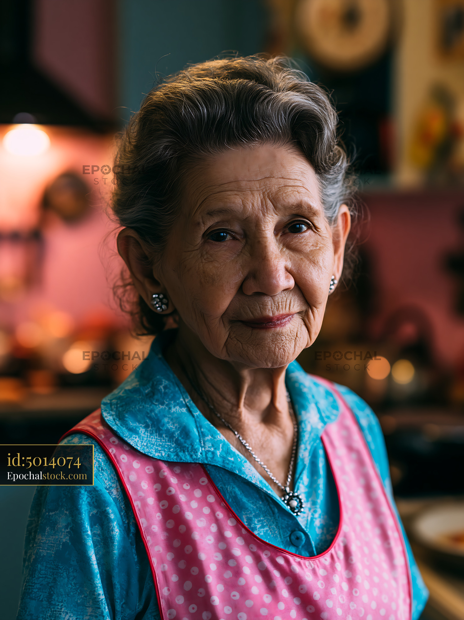 Elderly Woman Smiles in Colorful Kitchen While Wearing an Apron - stock photo