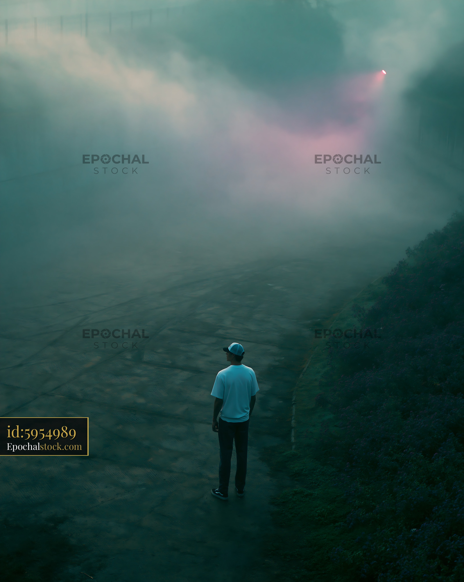 Watermarked full-resolution preview of Person standing on foggy road at dusk