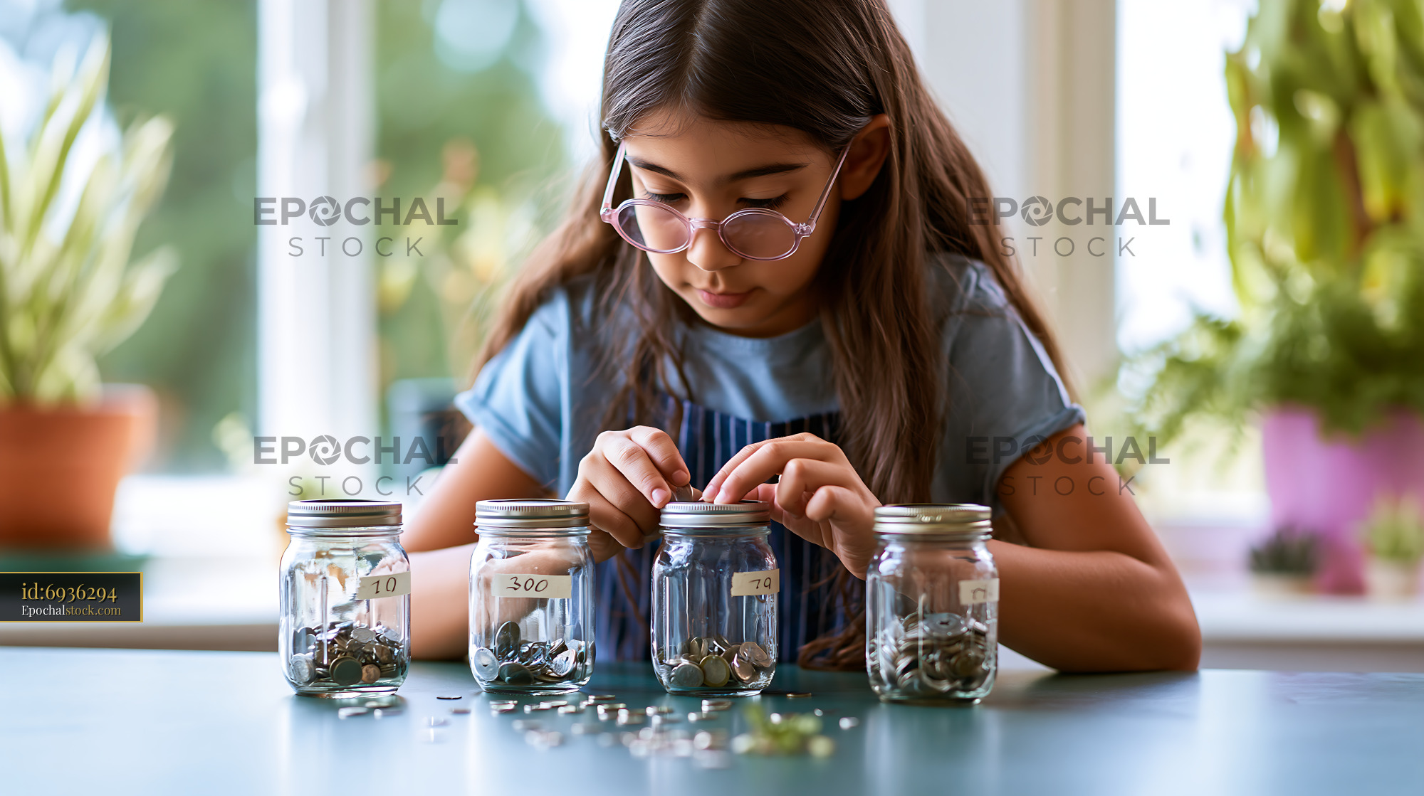 Watermarked full-resolution preview of Child counting coins in glass jars at home