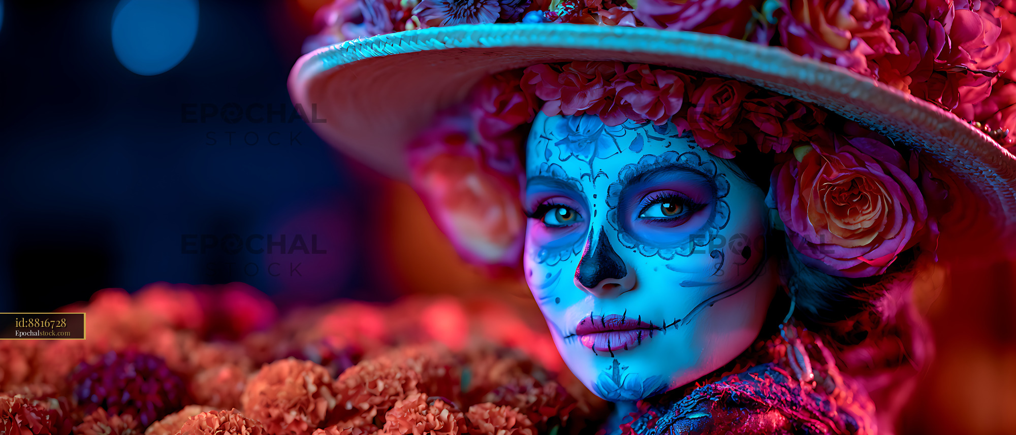 Watermarked full-resolution preview of Colorful close-up portrait with floral face paint and hat