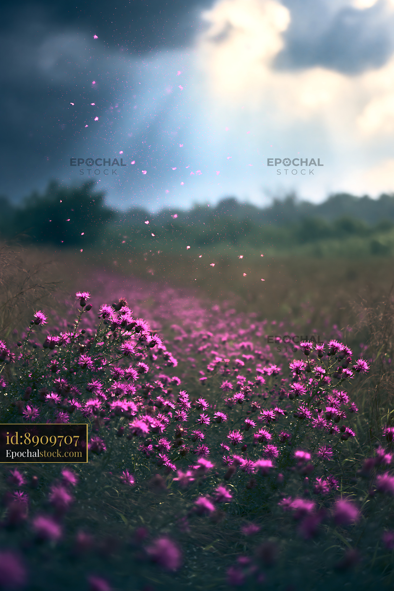 Wildflower Field With Pink Blossoms Under a Cloudy Sky - stock photo